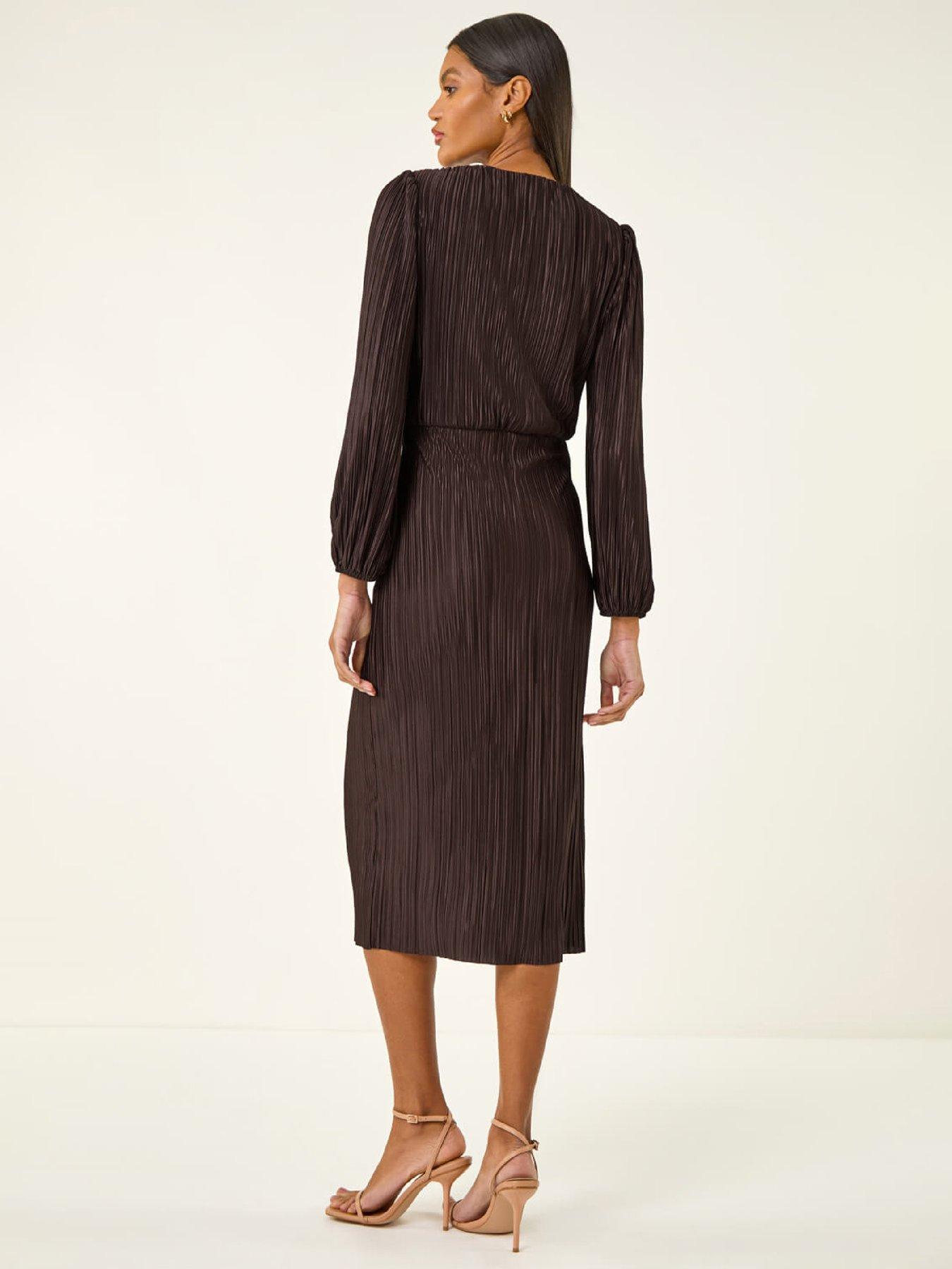 Image 2 of 5 of Roman Plisse Twist Front Midi Dress - Chocolate