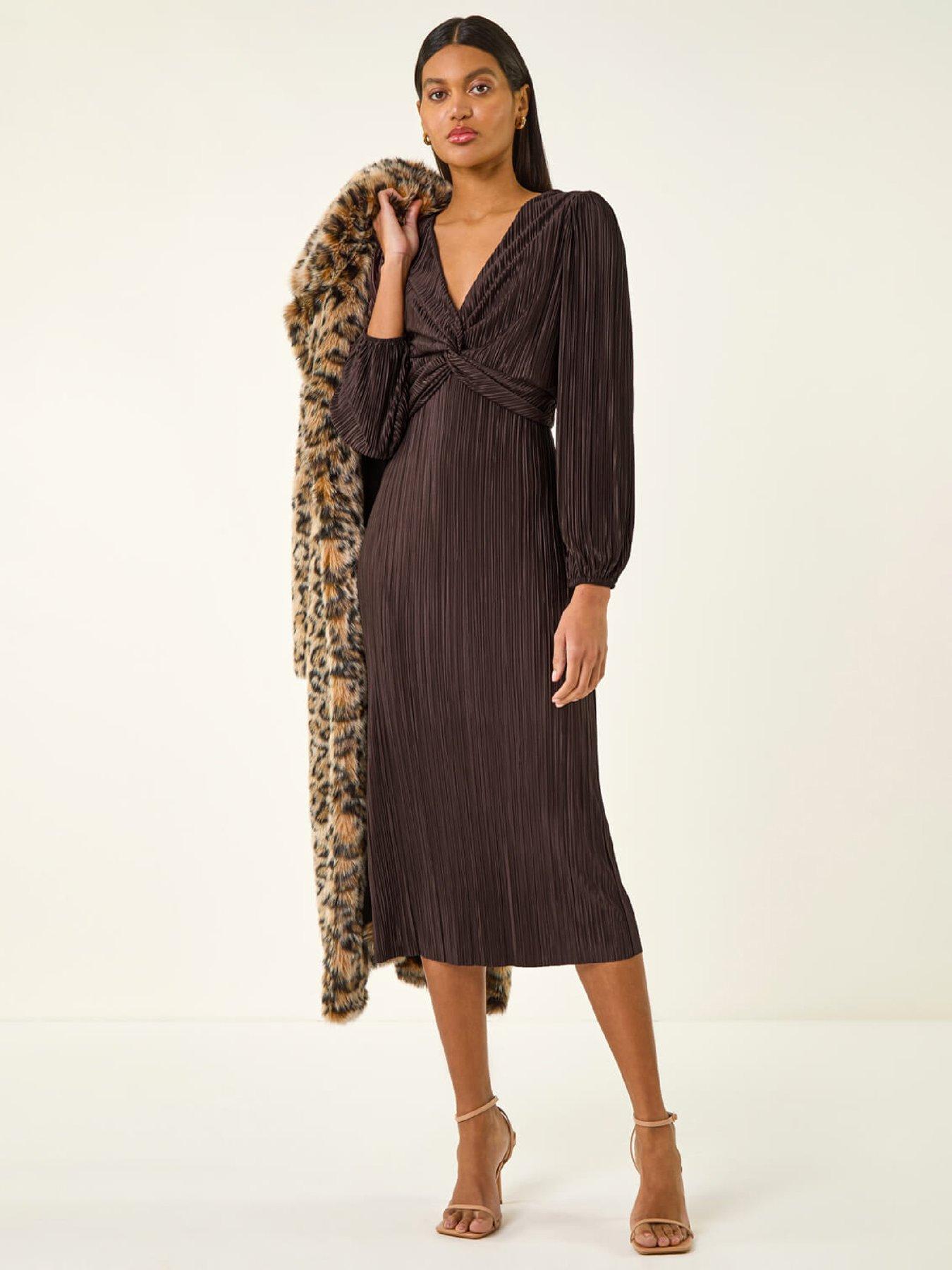 Image 3 of 5 of Roman Plisse Twist Front Midi Dress - Chocolate