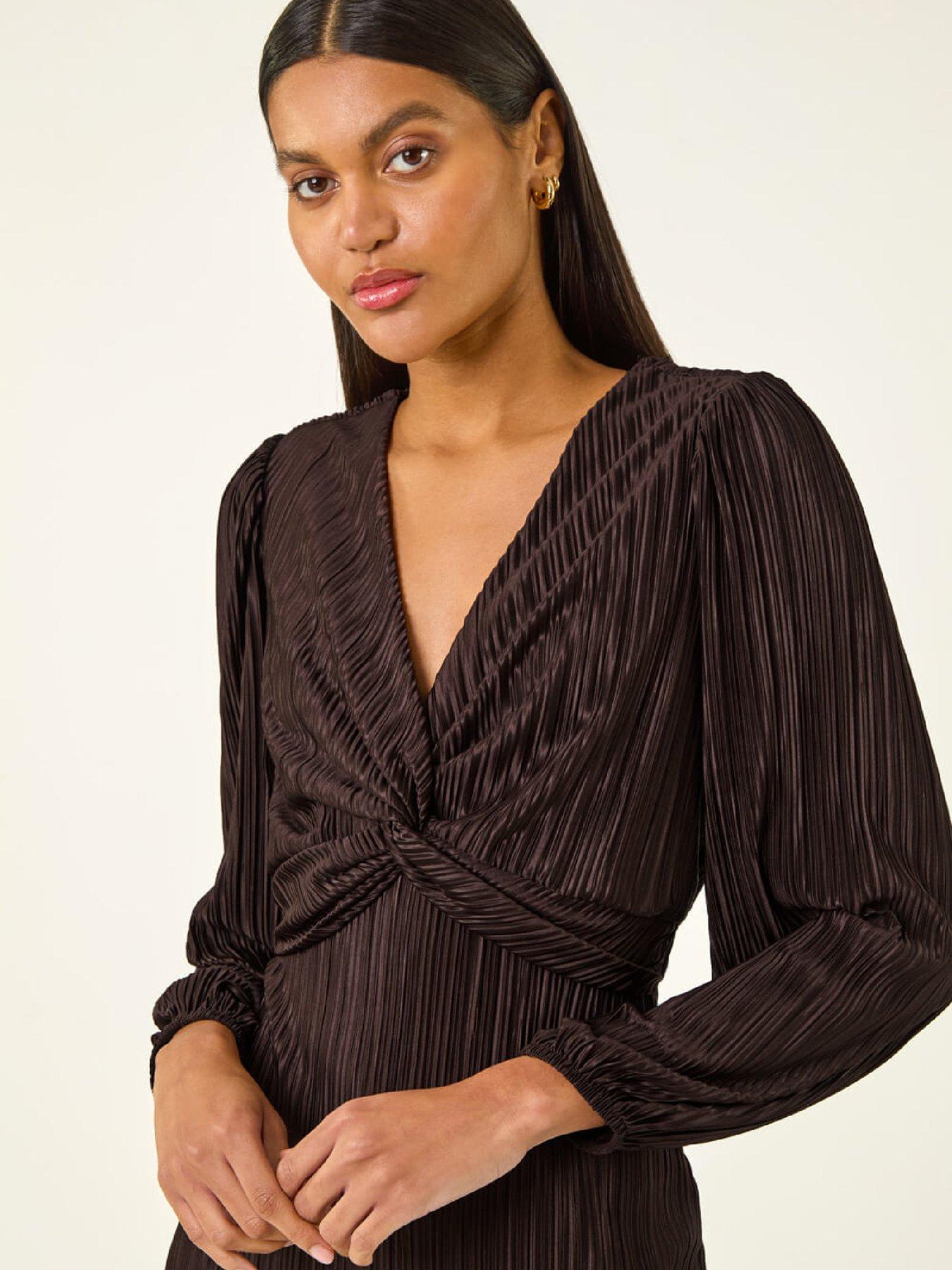 Image 4 of 5 of Roman Plisse Twist Front Midi Dress - Chocolate