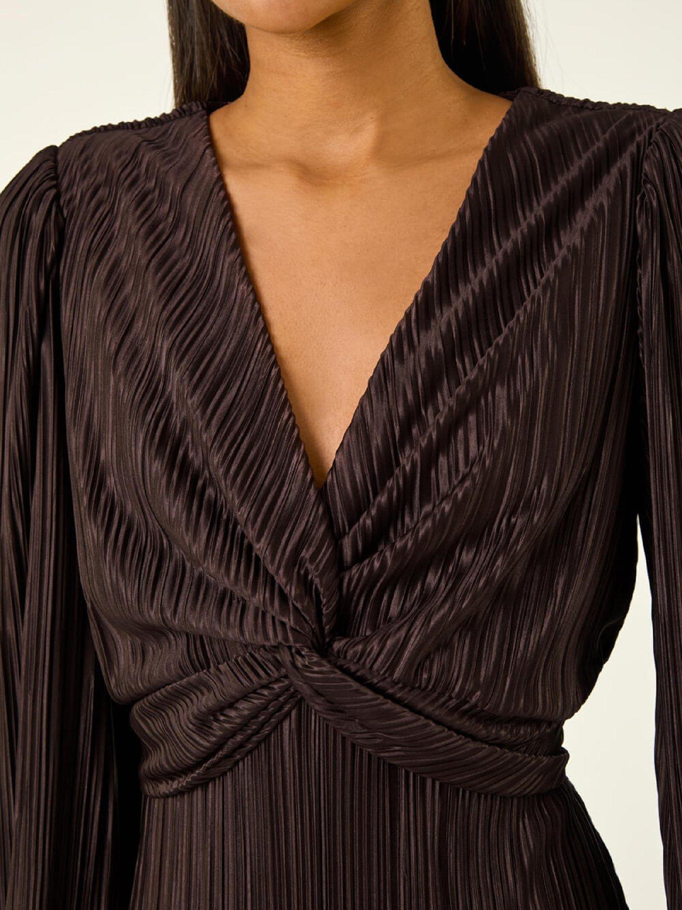 Image 5 of 5 of Roman Plisse Twist Front Midi Dress - Chocolate