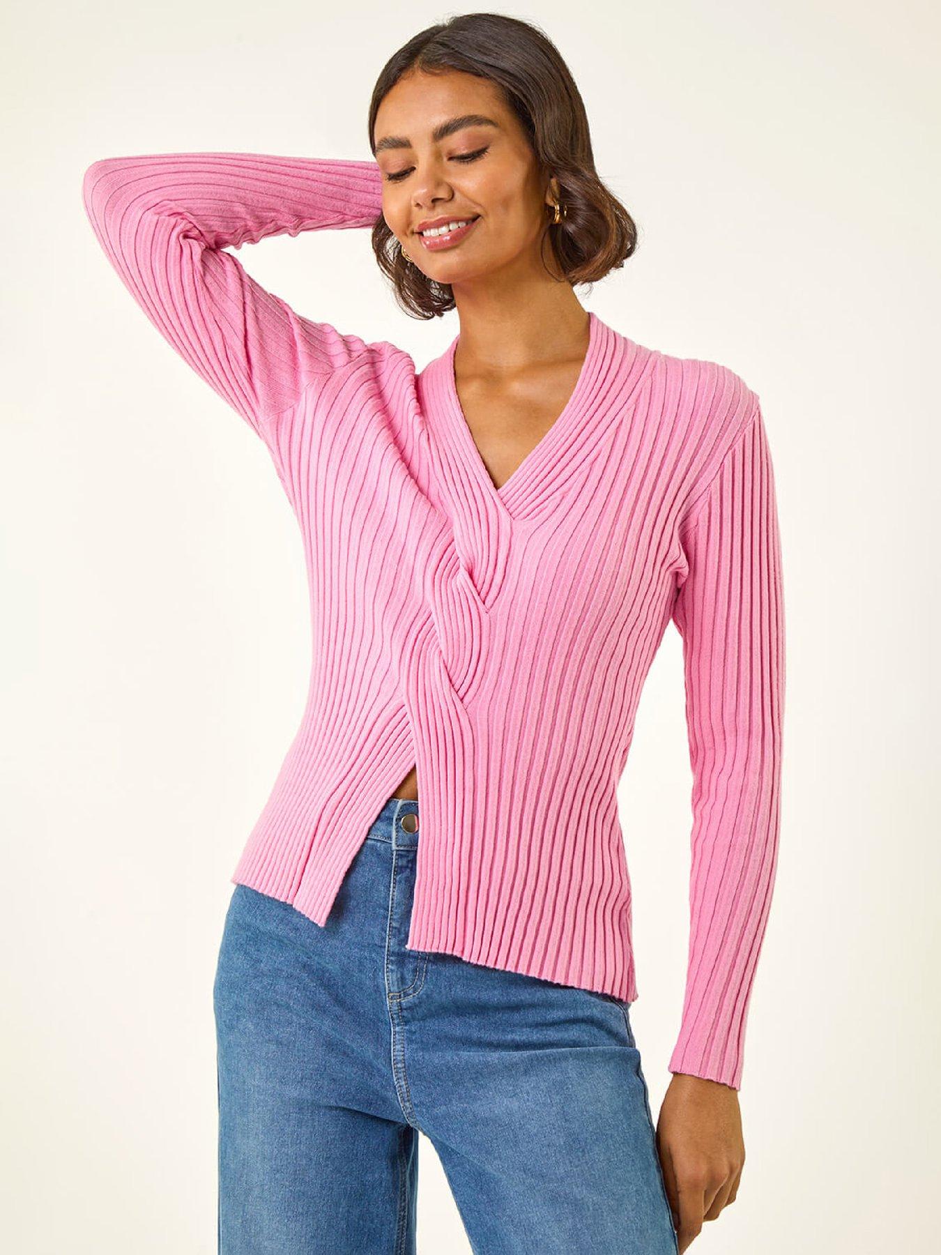 Roman Cable Split Detail Rib Jumper - Pink