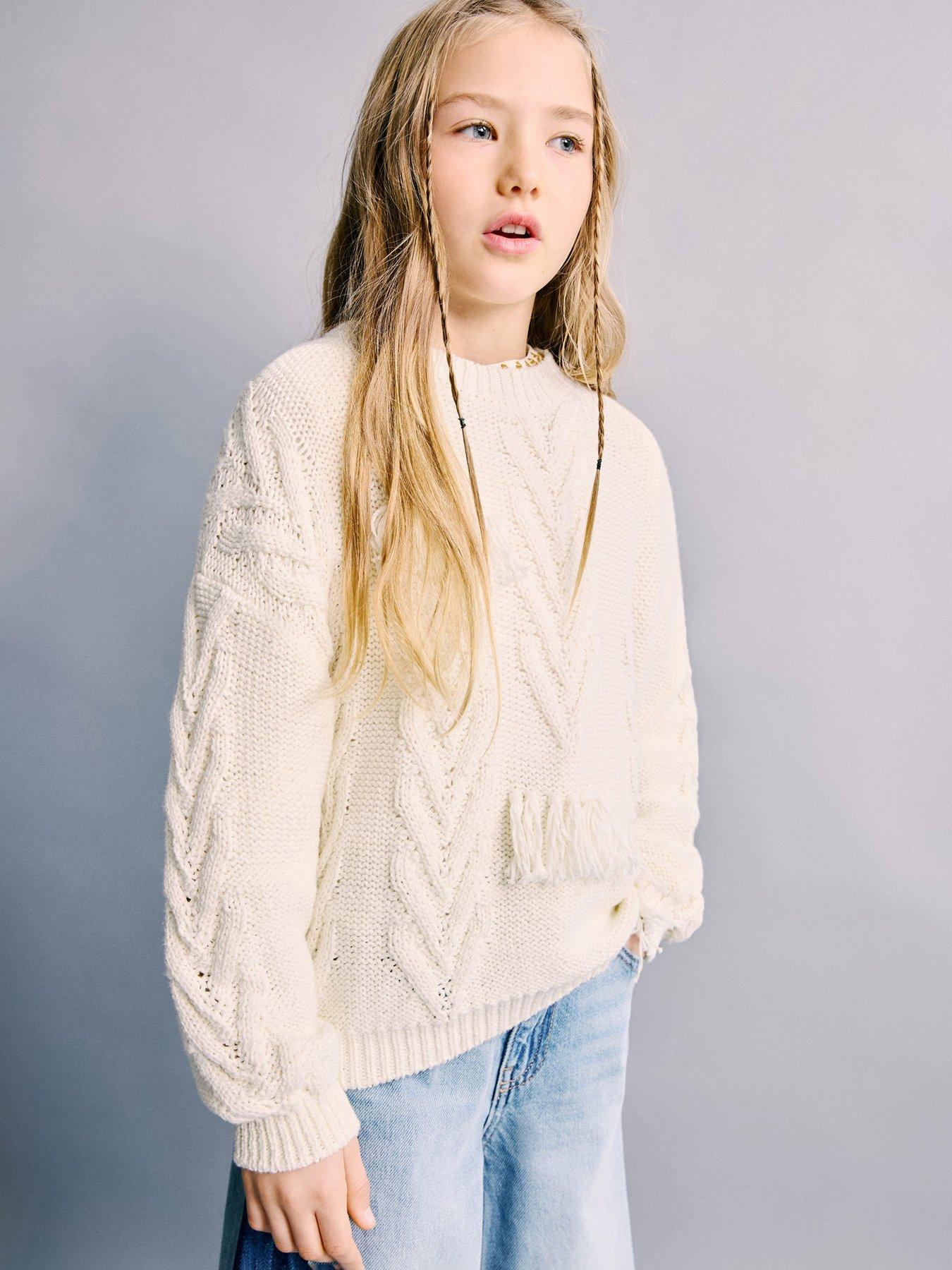 Mango Girls Fringe Knitted Jumper - Light Cream