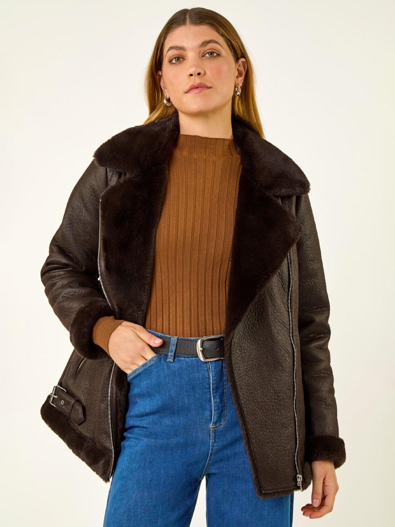  image of roman-faux-fur-aviator-jacket-chocolate