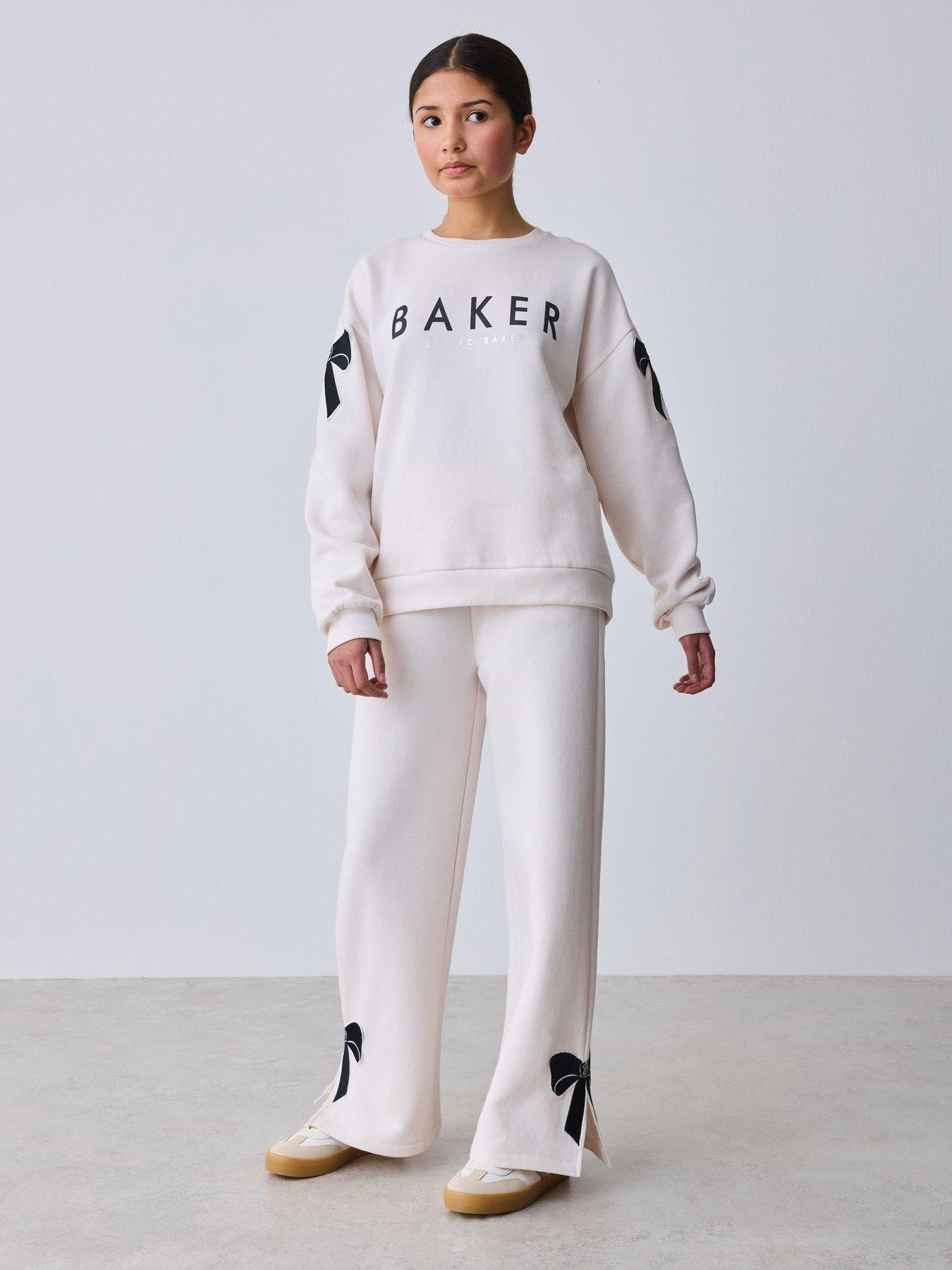 Ted Baker Girls Bow Detail Long Sleeve Sweatshirt Top and Split Hem Joggers Set - Cream