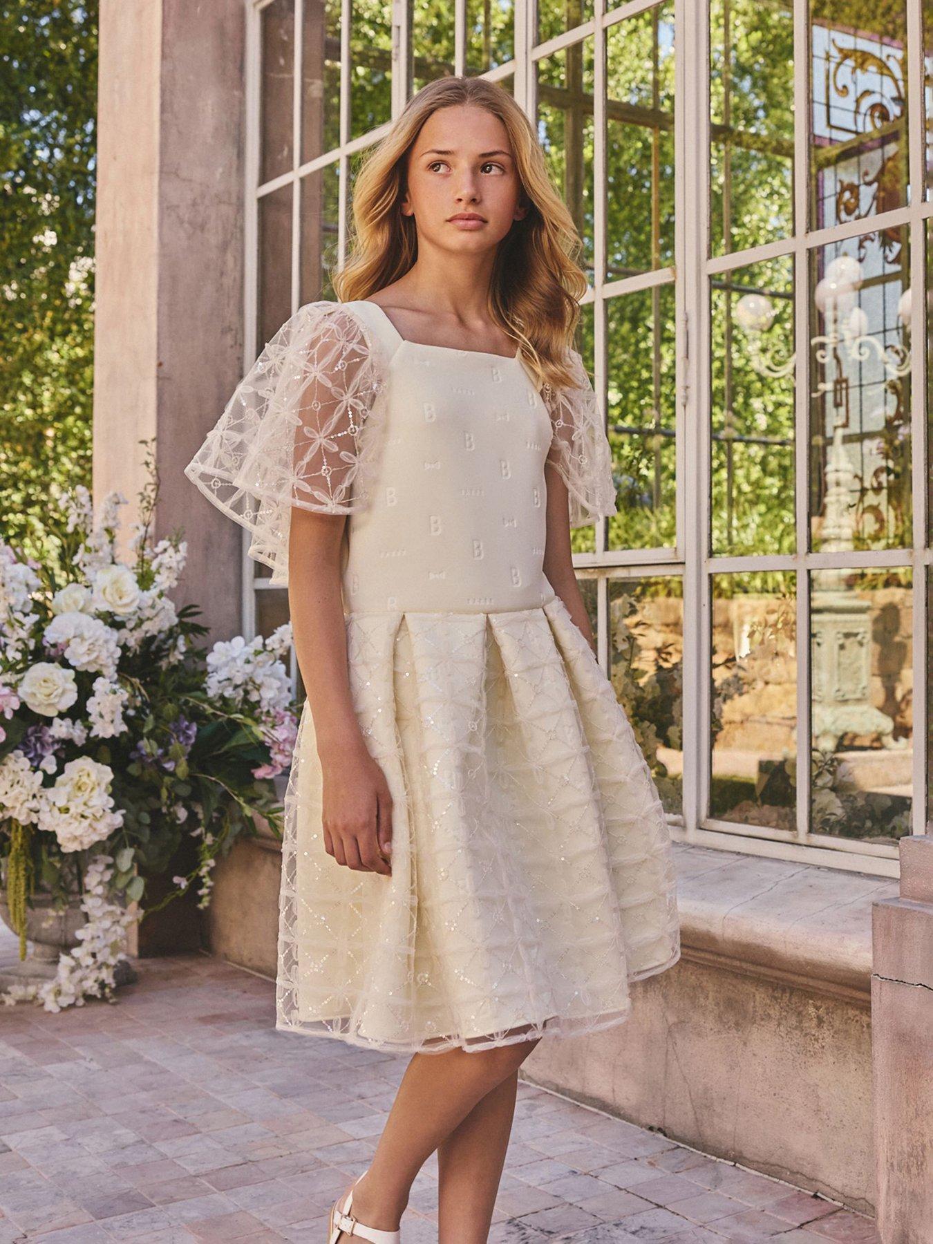 Ted Baker Older Girls Mesh Overlay Angel Sleeve Scuba Dress - Light Yellow