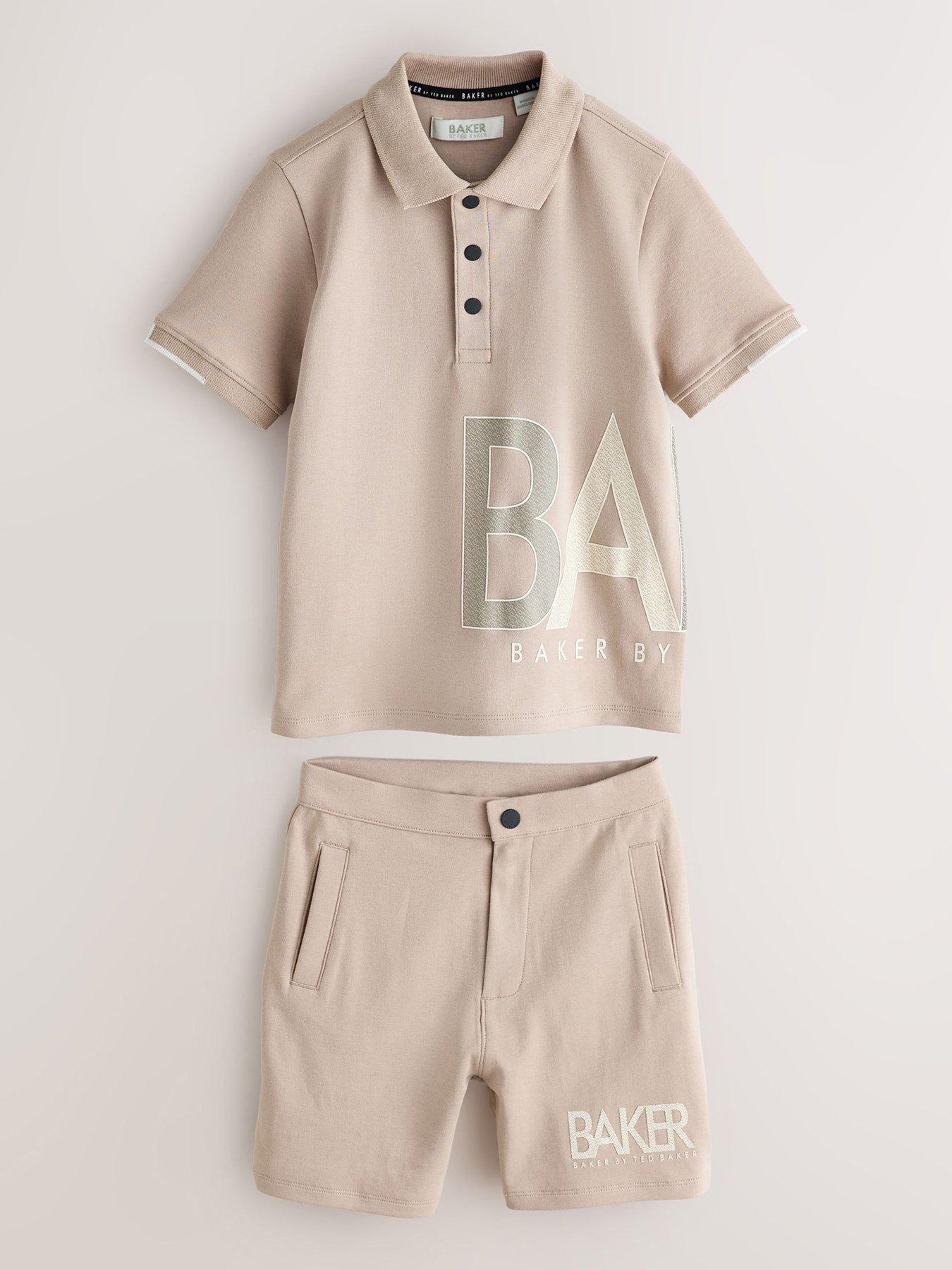 front image of ted-baker-boys-graphic-polo-top-short-set-beige