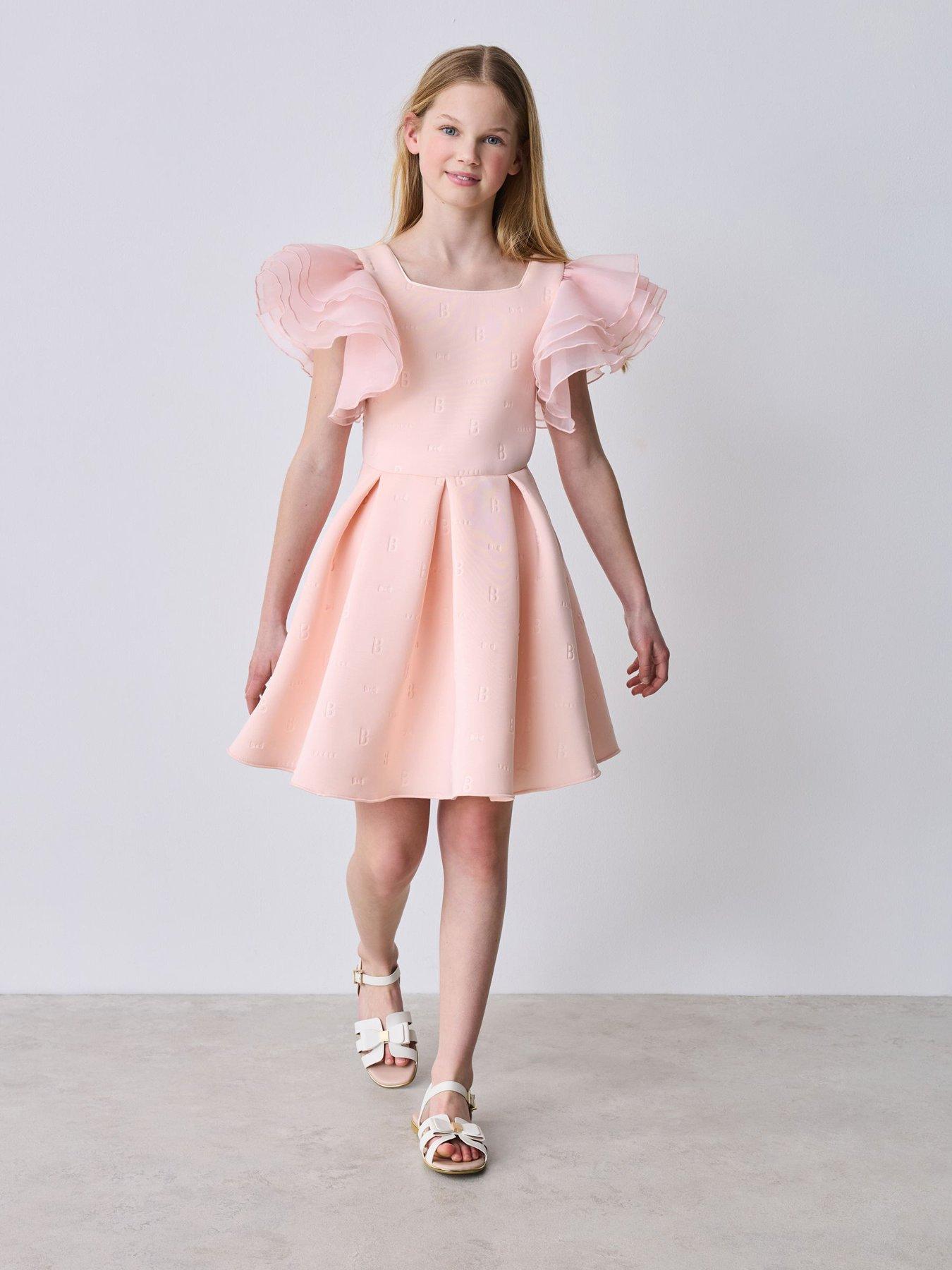 Ted Baker Girls Frill Sleeve Embossed Scuba Dress - Pink