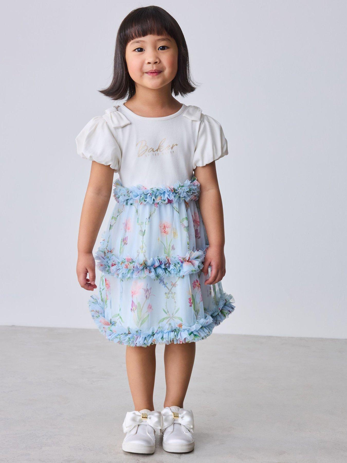 Ted Baker Younger Girls Floral Ruffle Mesh Dress - Blue