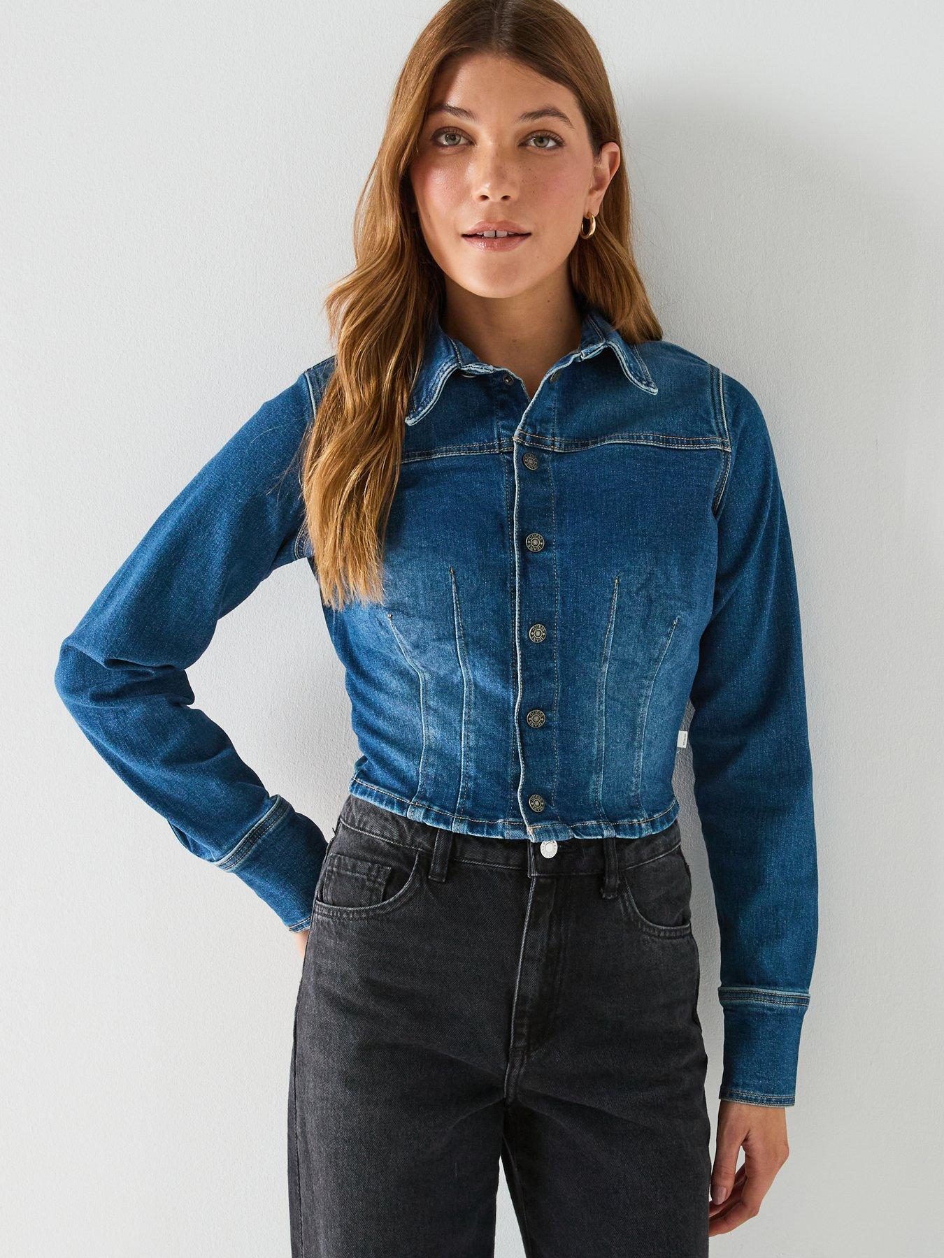 Guess Jeans Long Sleeve Fitted Cropped Shacket - Blue