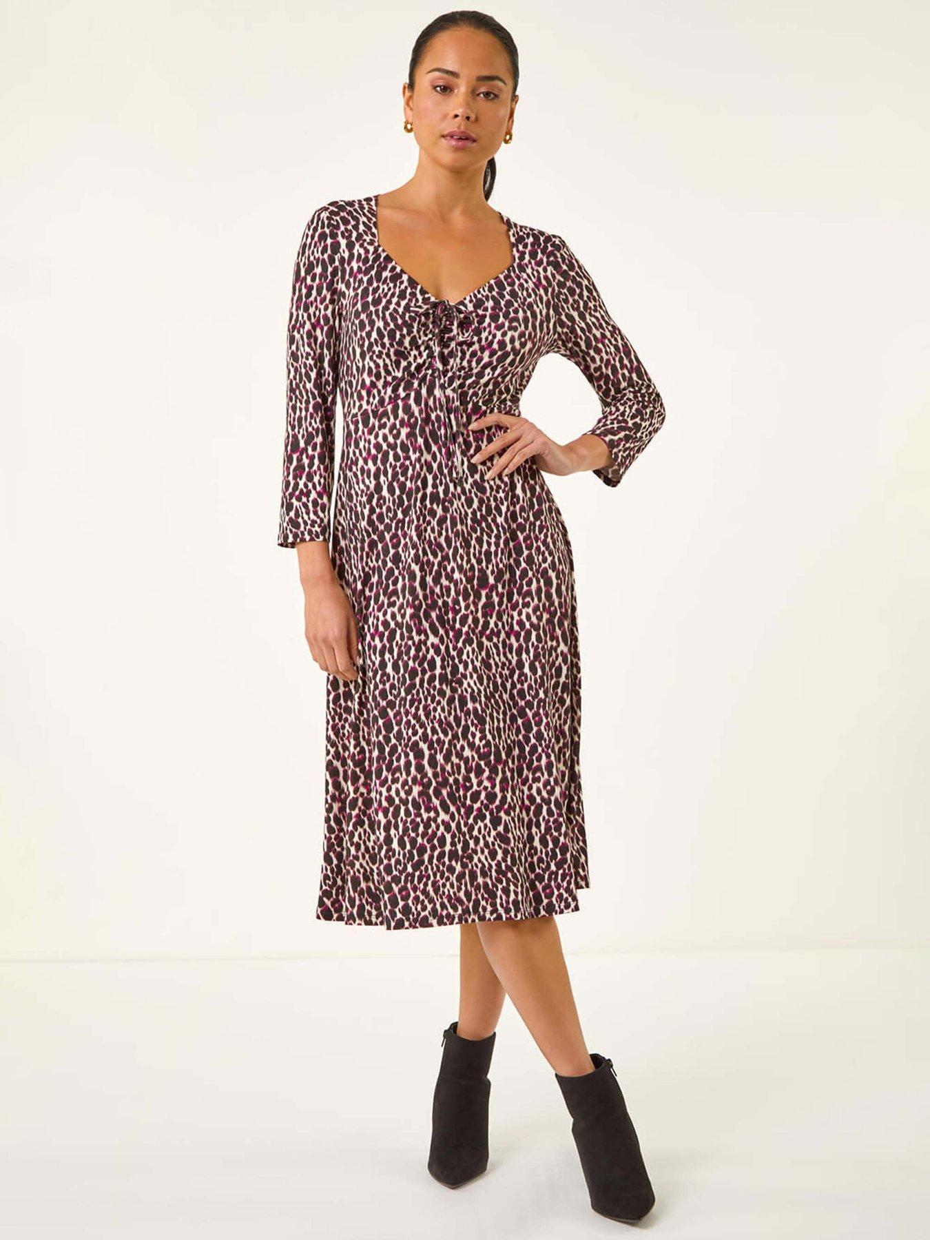 Roman Petite Animal Print Ruched Stretch Midi Dress