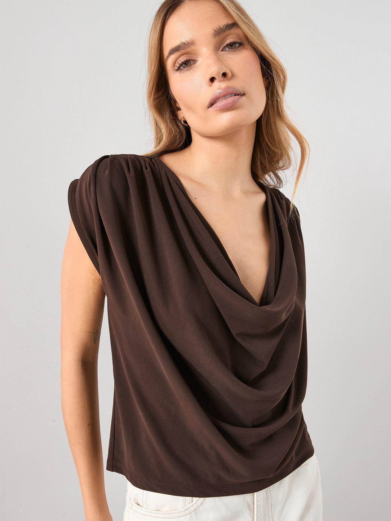  image of the-very-collection-cowl-neck-draped-top-brown