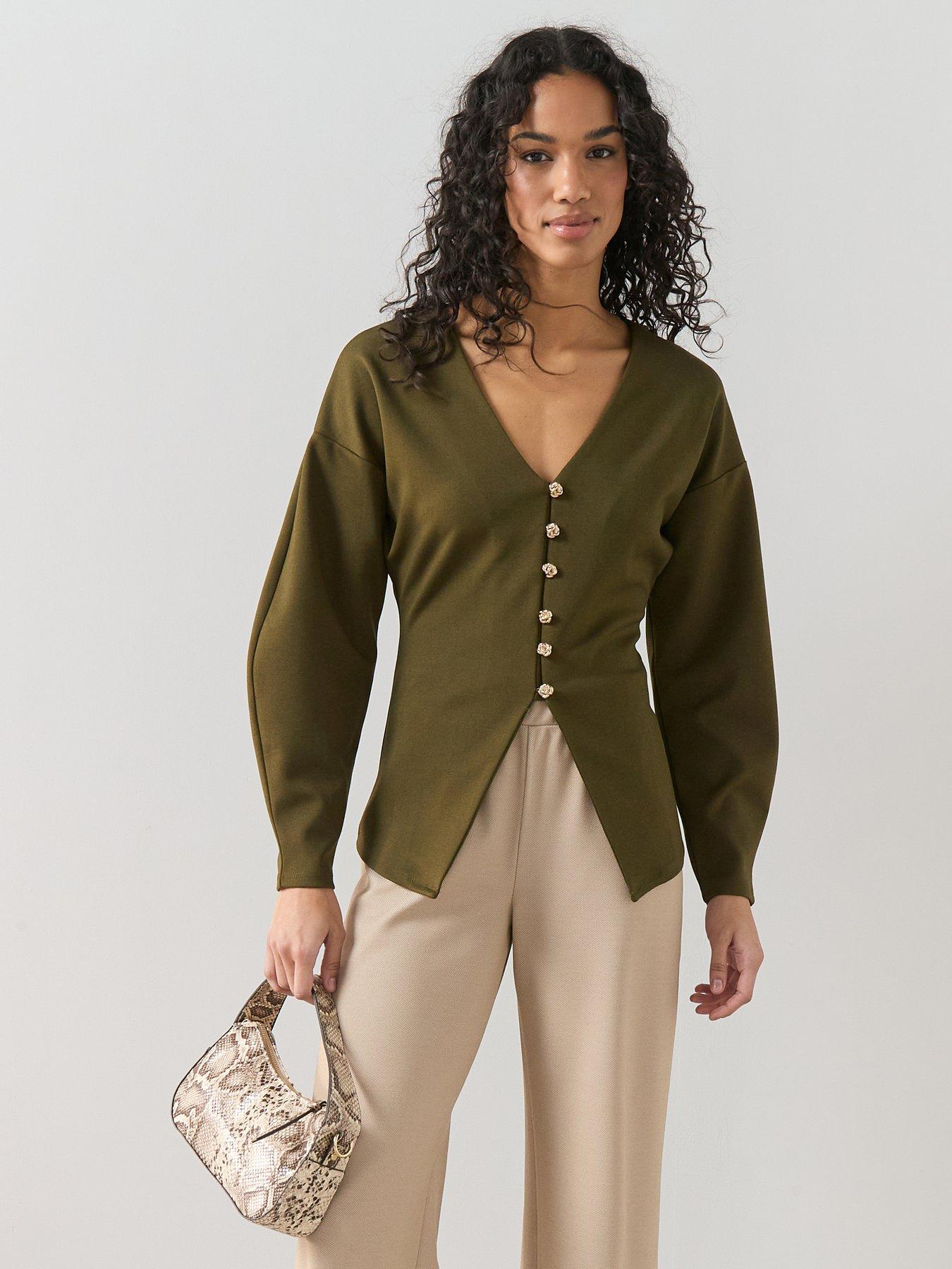  image of the-very-collection-button-up-volume-sleeve-top-green