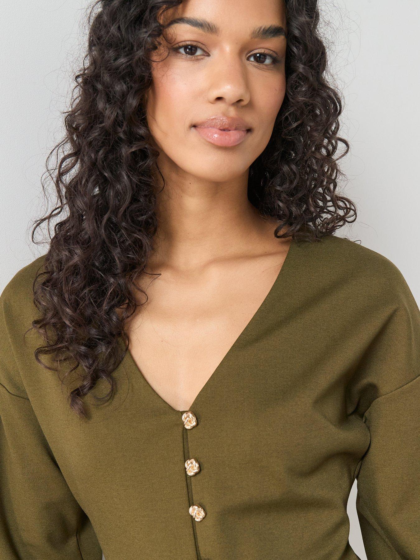  image of the-very-collection-button-up-volume-sleeve-top-green