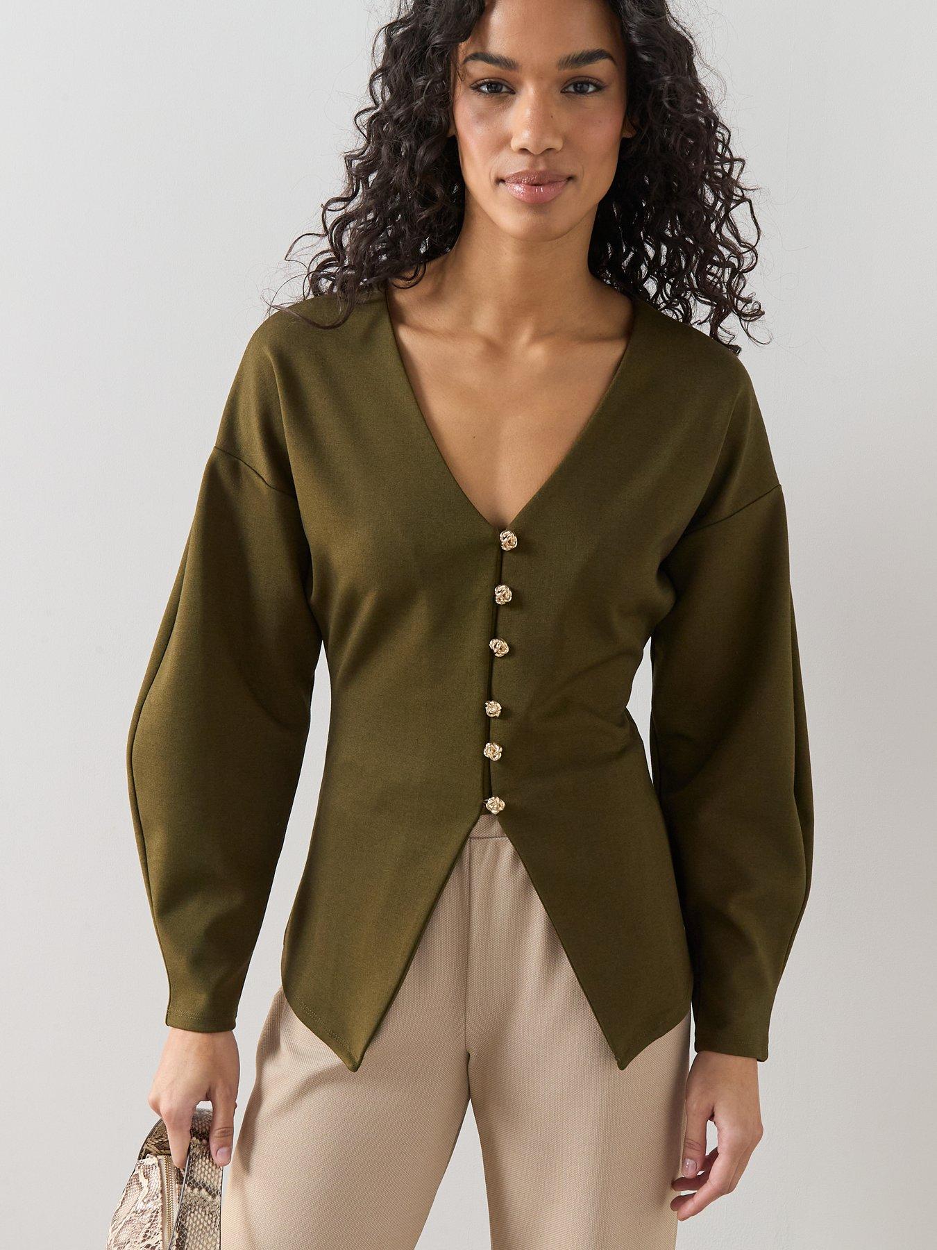  image of the-very-collection-button-up-volume-sleeve-top-green