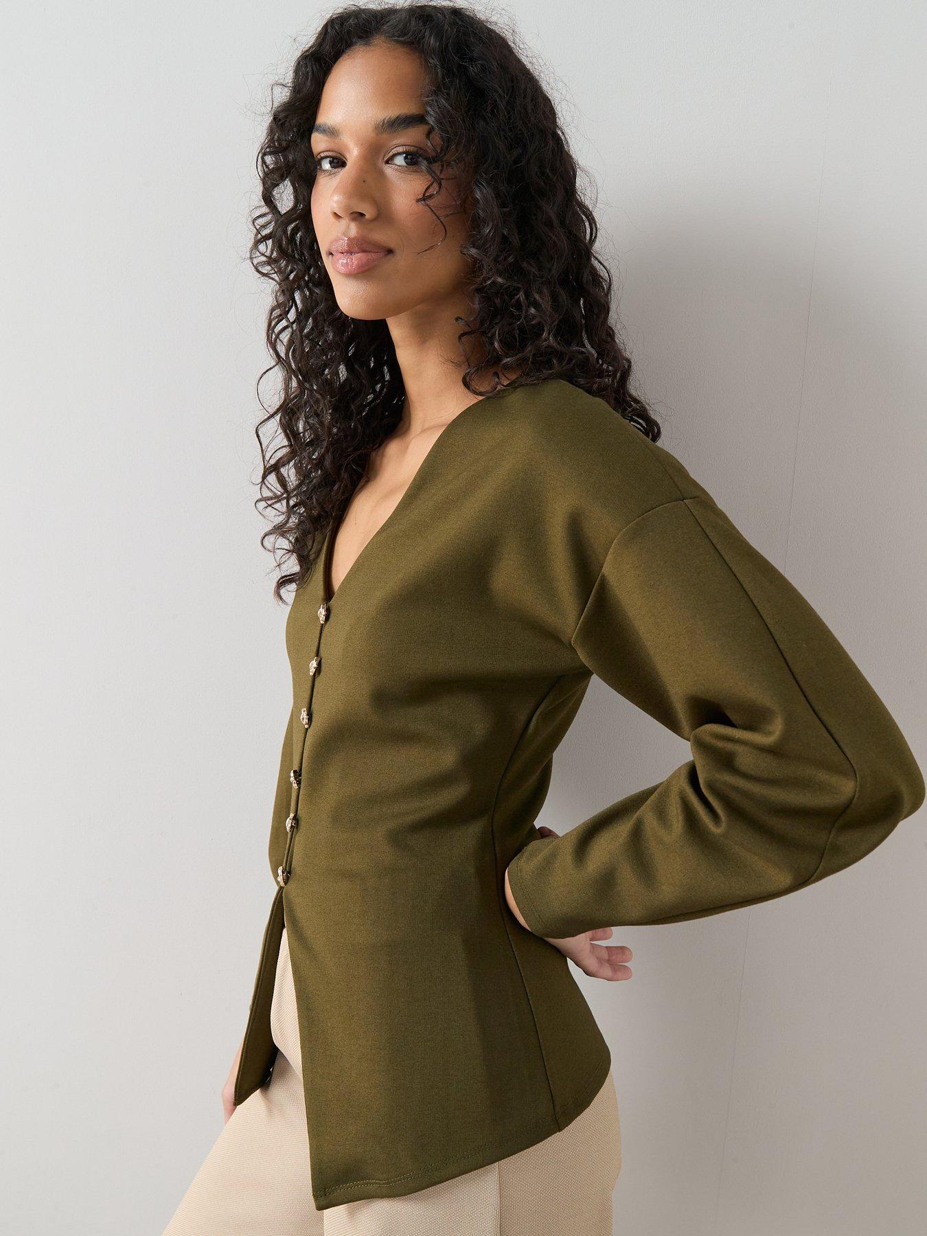  image of the-very-collection-button-up-volume-sleeve-top-green
