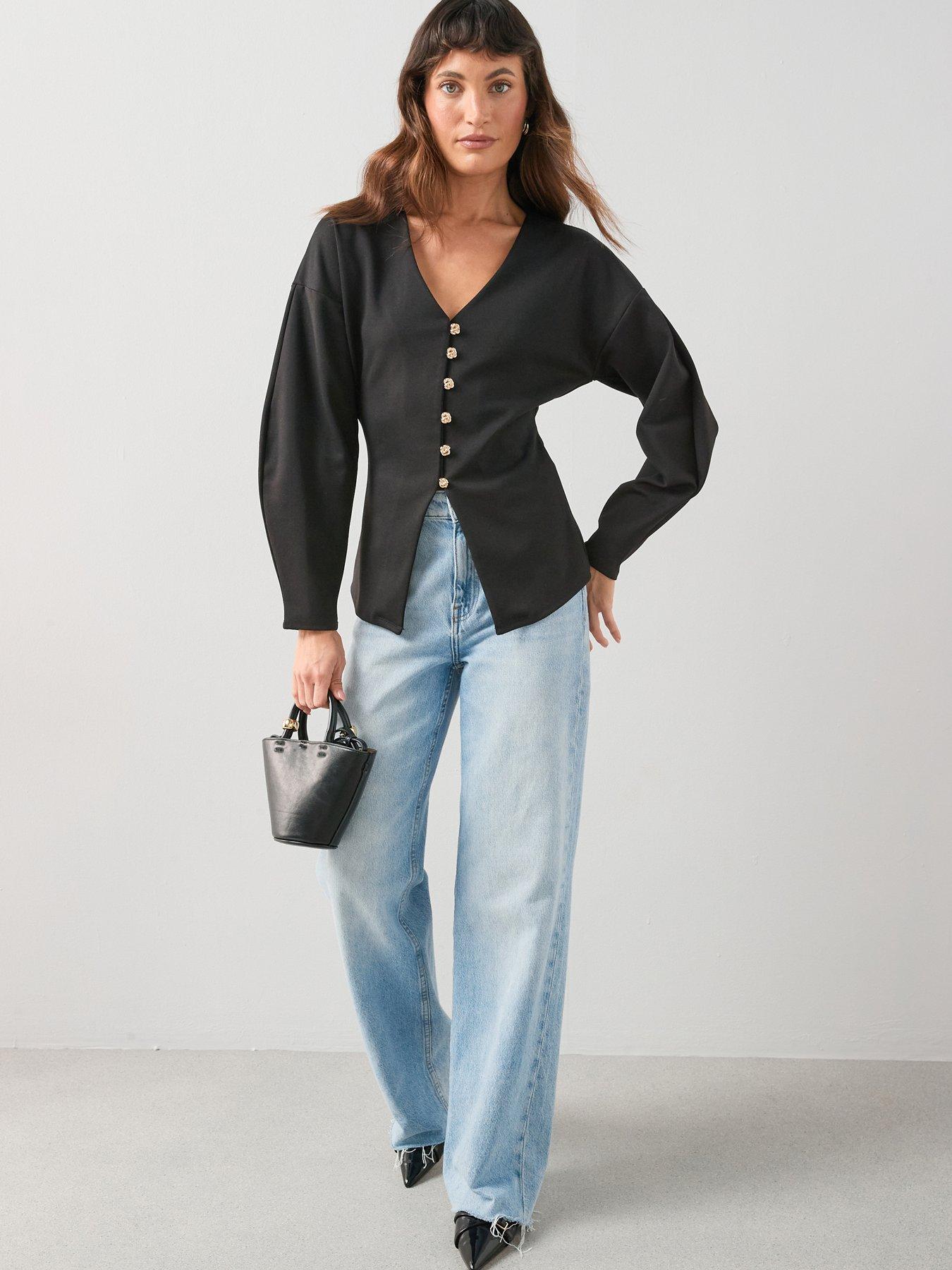  image of the-very-collection-button-up-volume-sleeve-top-black