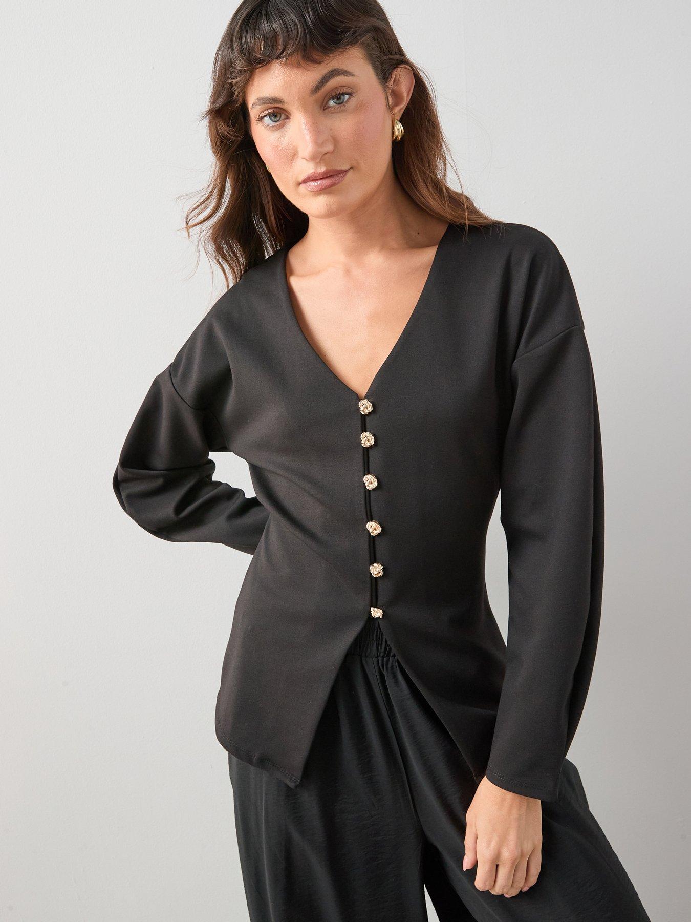  image of the-very-collection-button-up-volume-sleeve-top-black