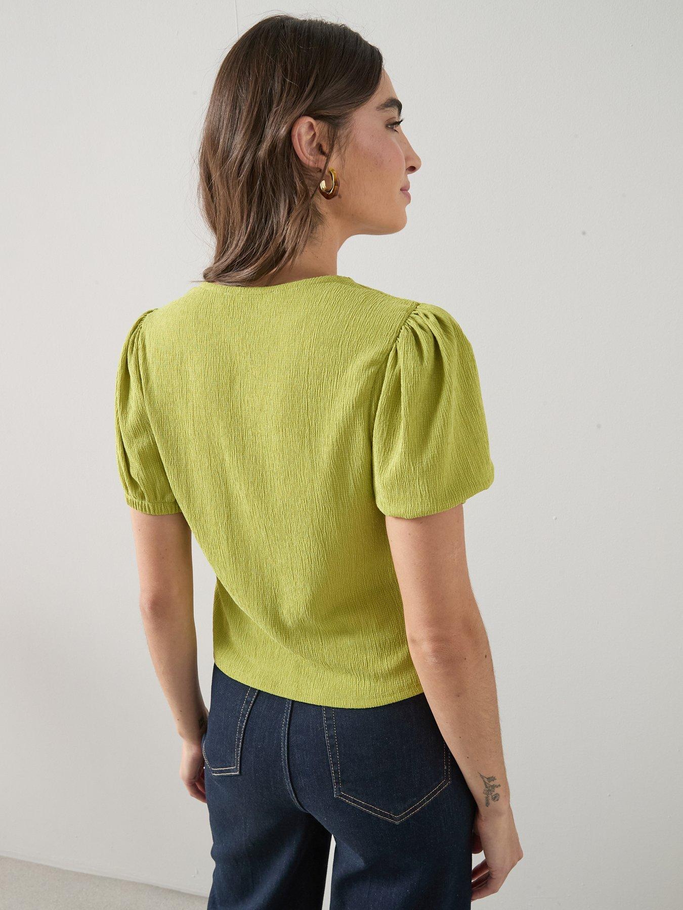  image of the-very-collection-puff-sleeve-button-up-top-green