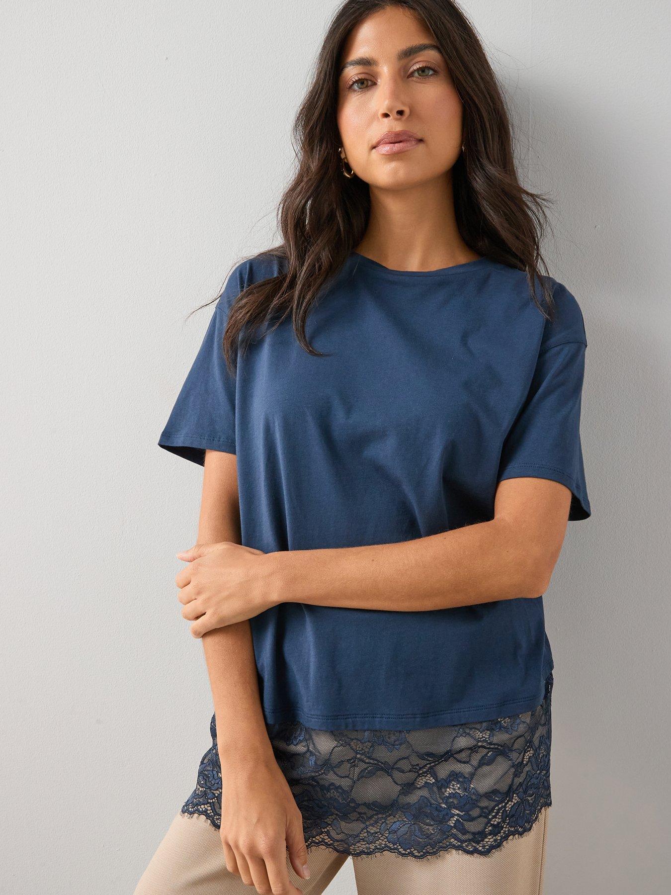 The Very Collection Longline Lace Hem T-Shirt - Navy