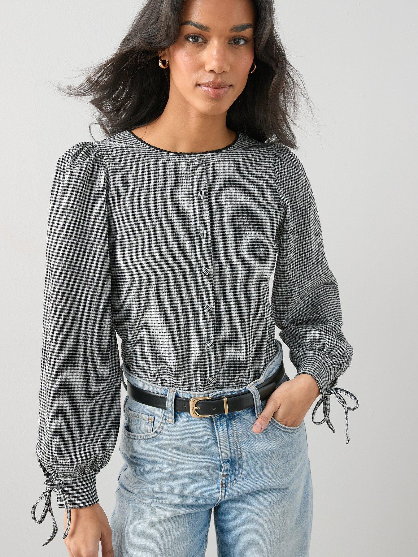  image of the-very-collection-shirred-gingham-long-sleeve-top-multi