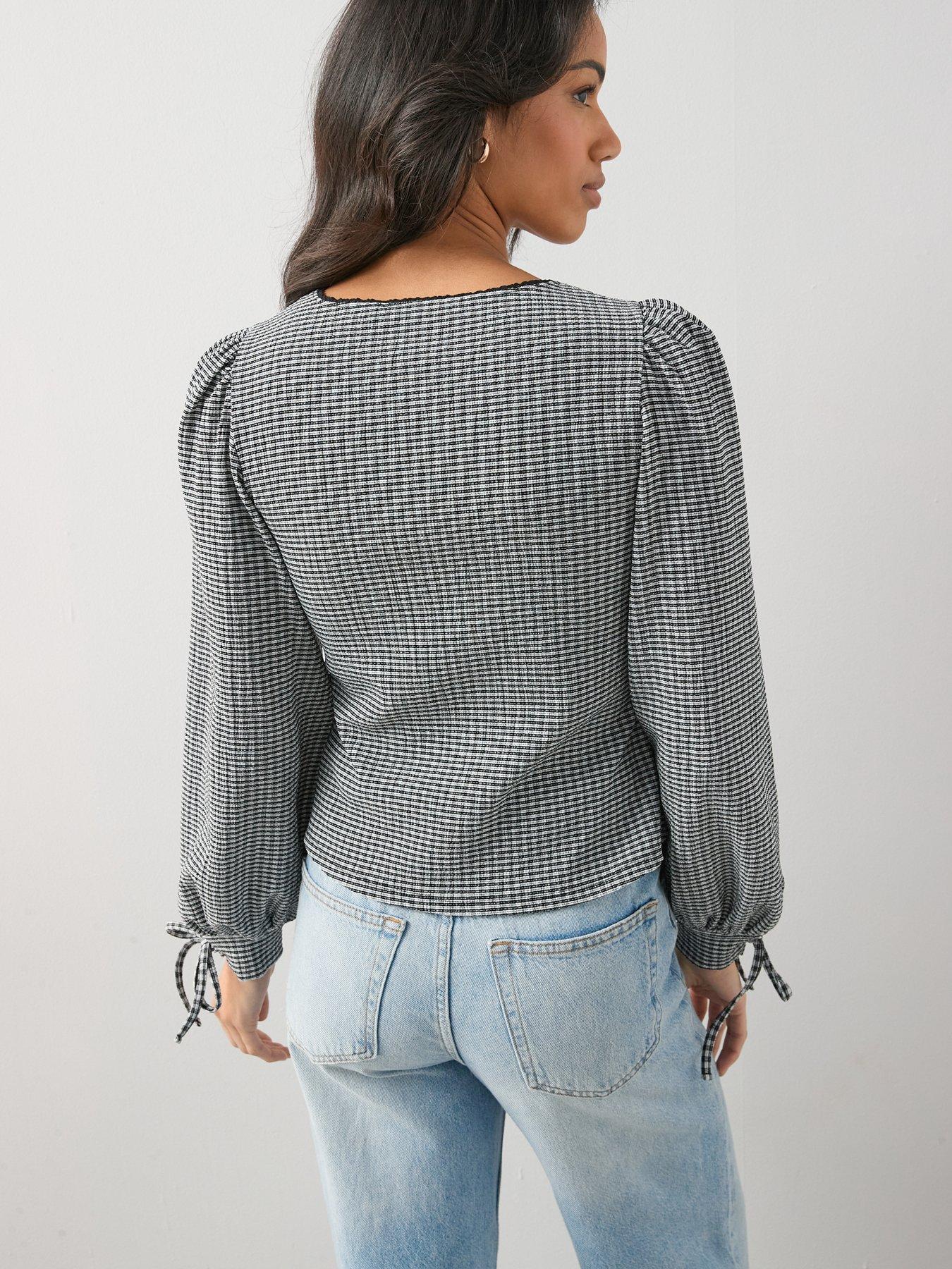  image of the-very-collection-shirred-gingham-long-sleeve-top-multi