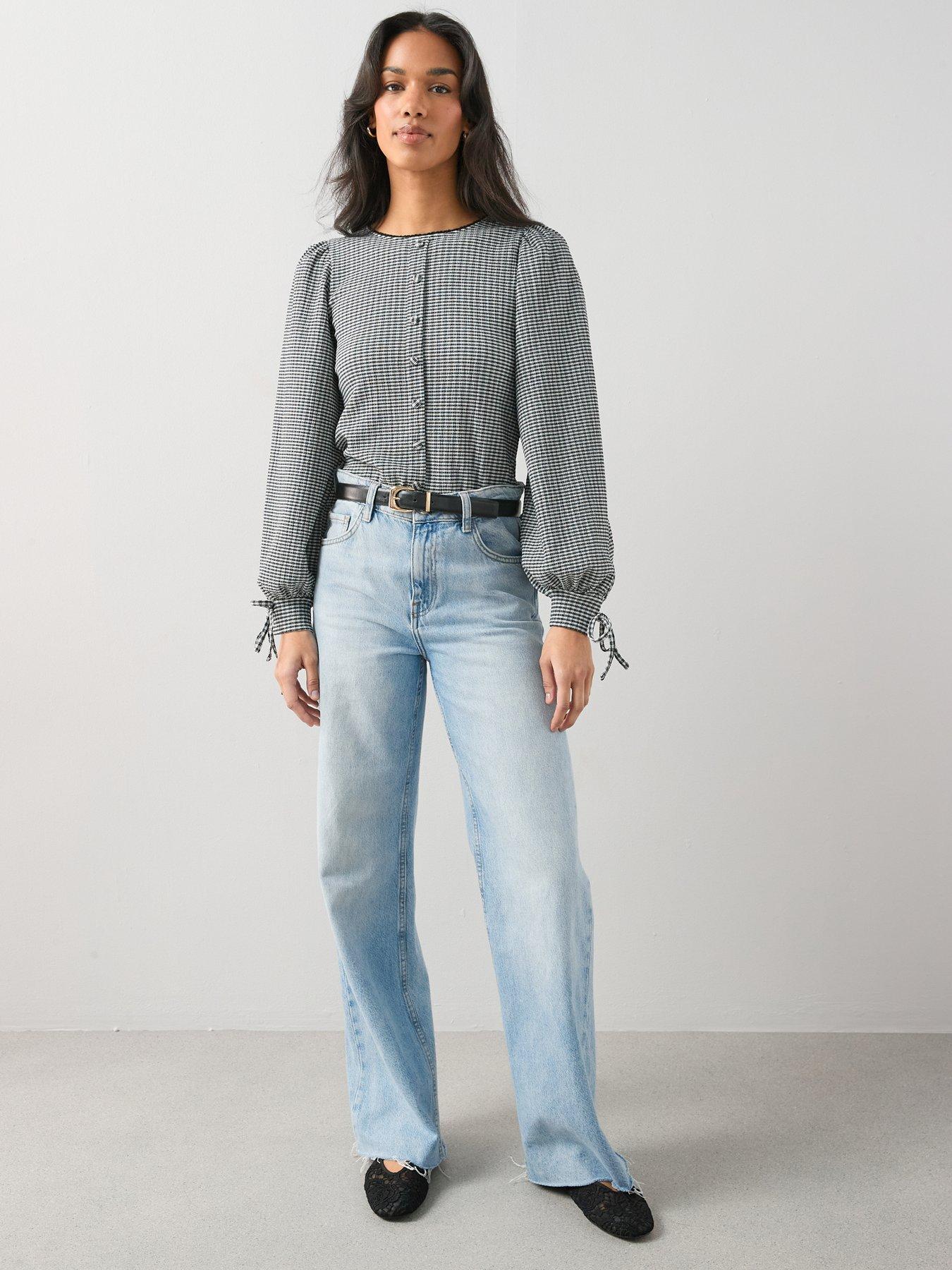  image of the-very-collection-shirred-gingham-long-sleeve-top-multi