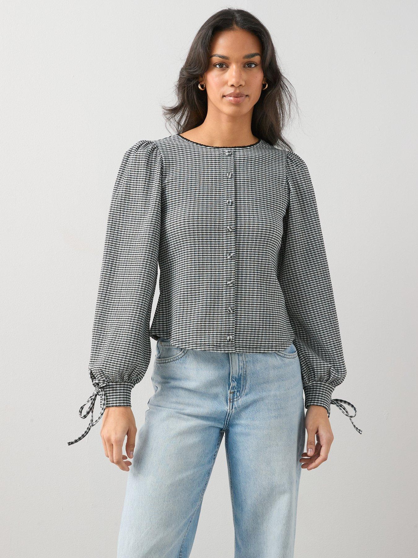  image of the-very-collection-shirred-gingham-long-sleeve-top-multi