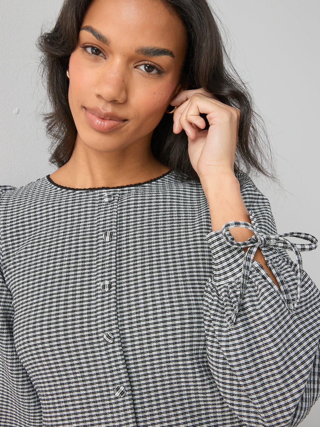  image of the-very-collection-shirred-gingham-long-sleeve-top-multi