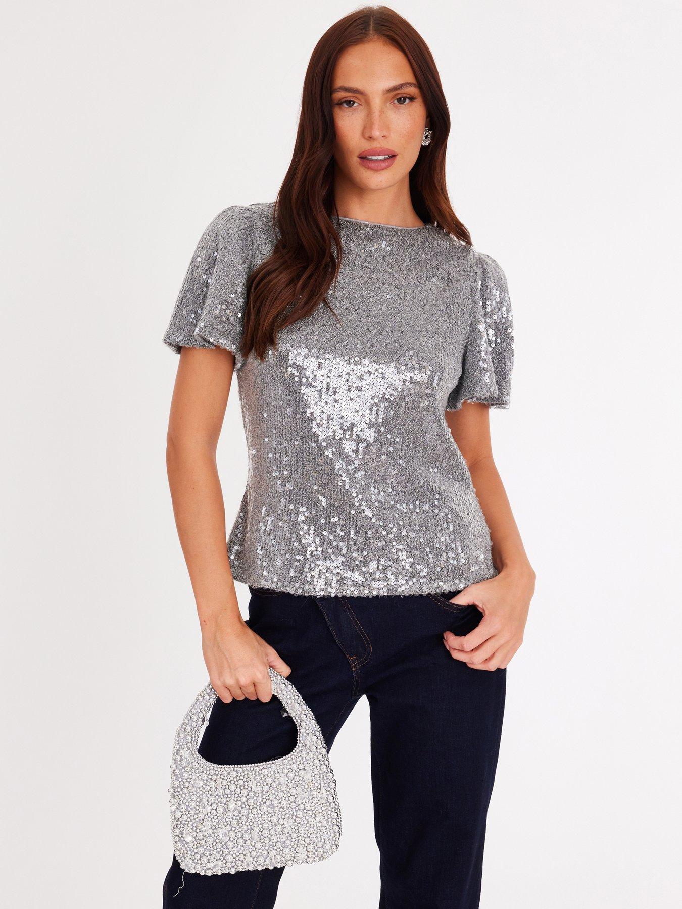 Image 1 of 6 of Quiz Silver Sequin Embellished Top