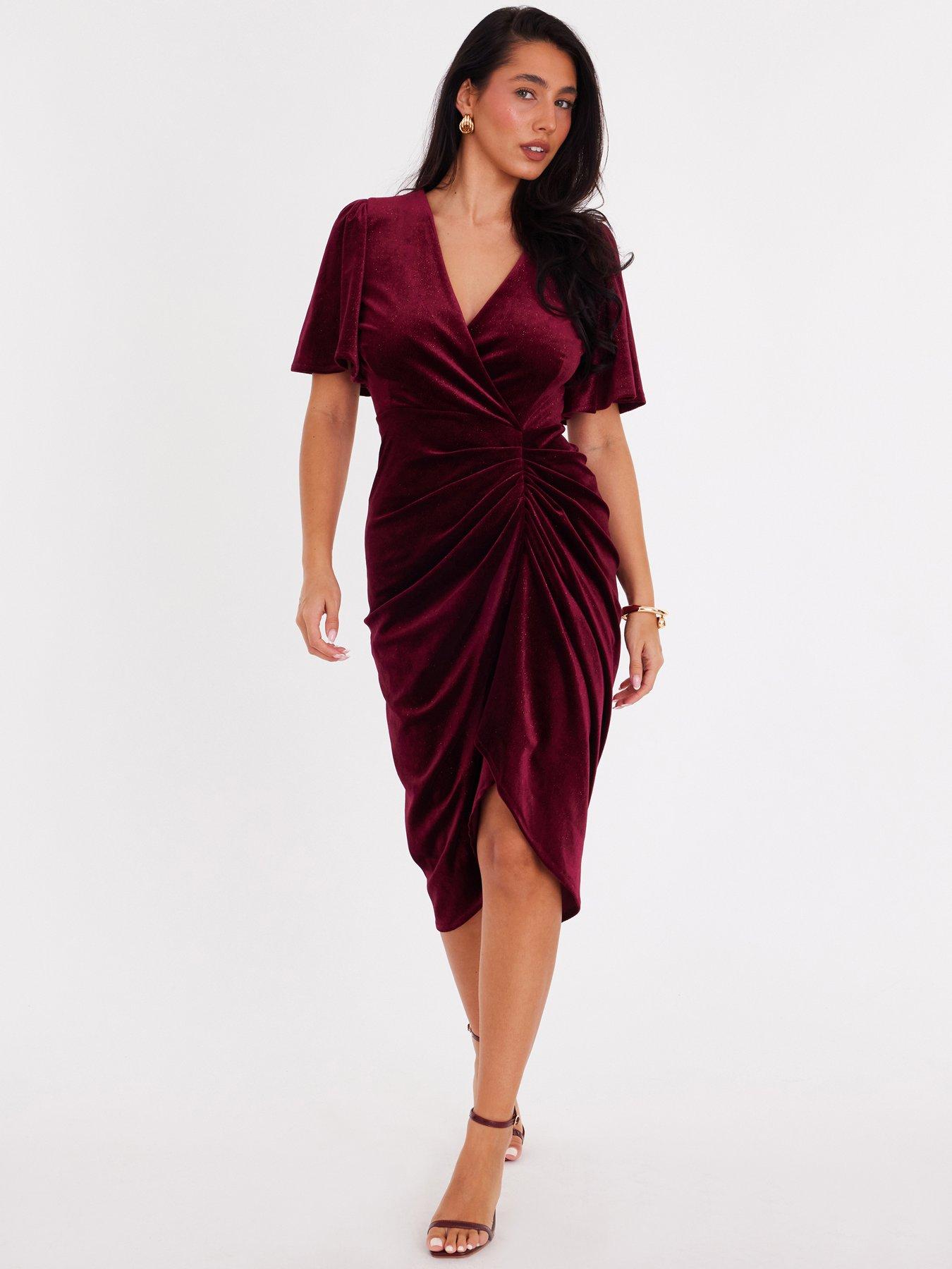 front image of quiz-burgundy-glitter-velvet-wrap-midi-dress