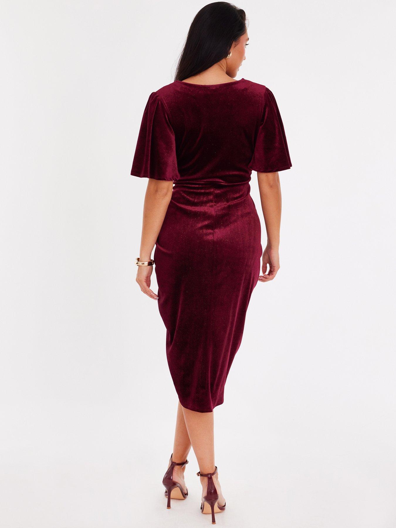stillFront image of quiz-burgundy-glitter-velvet-wrap-midi-dress