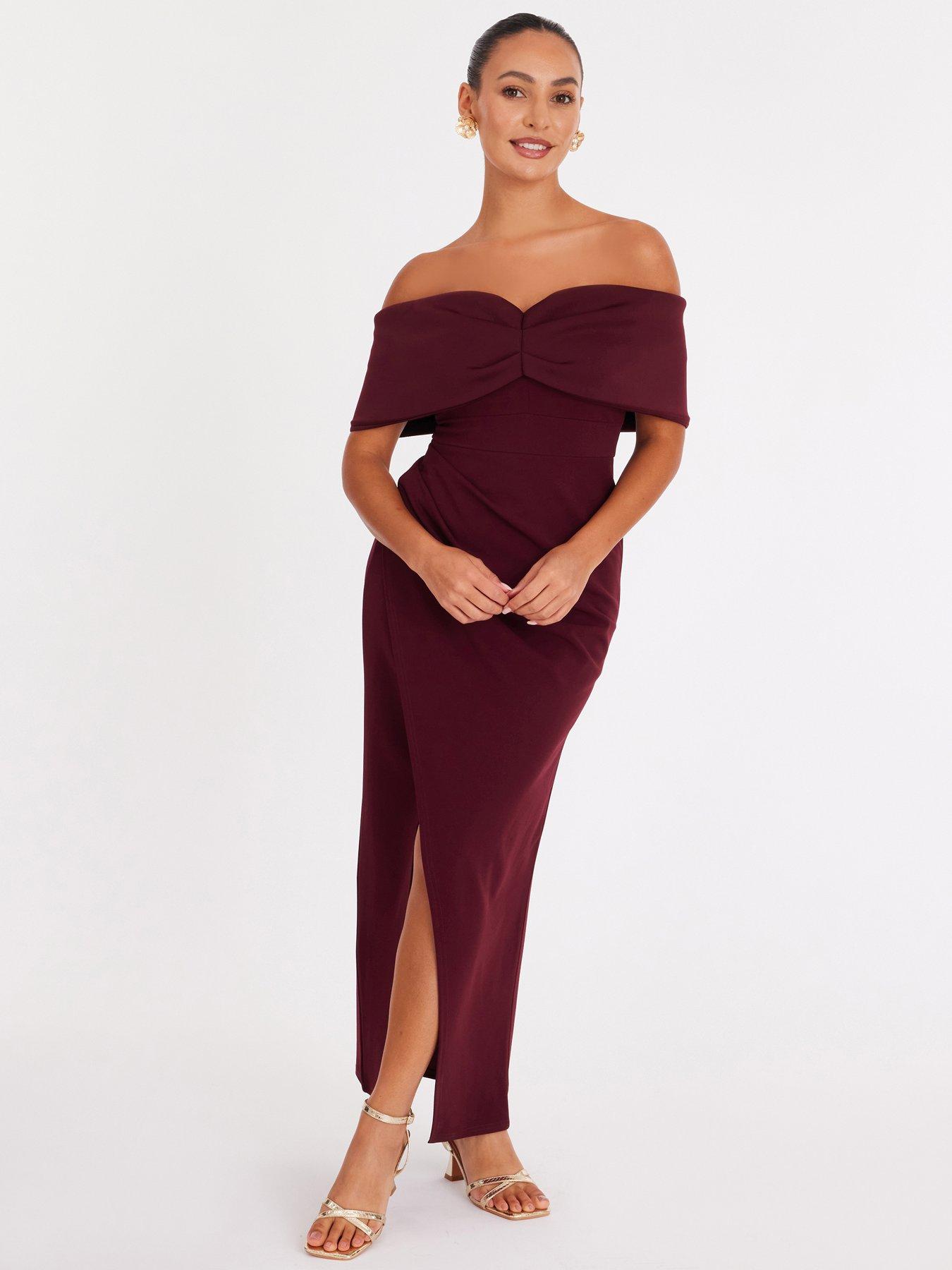 Image 1 of 6 of Quiz Petite Burgundy Bardot Wrap Maxi Dress