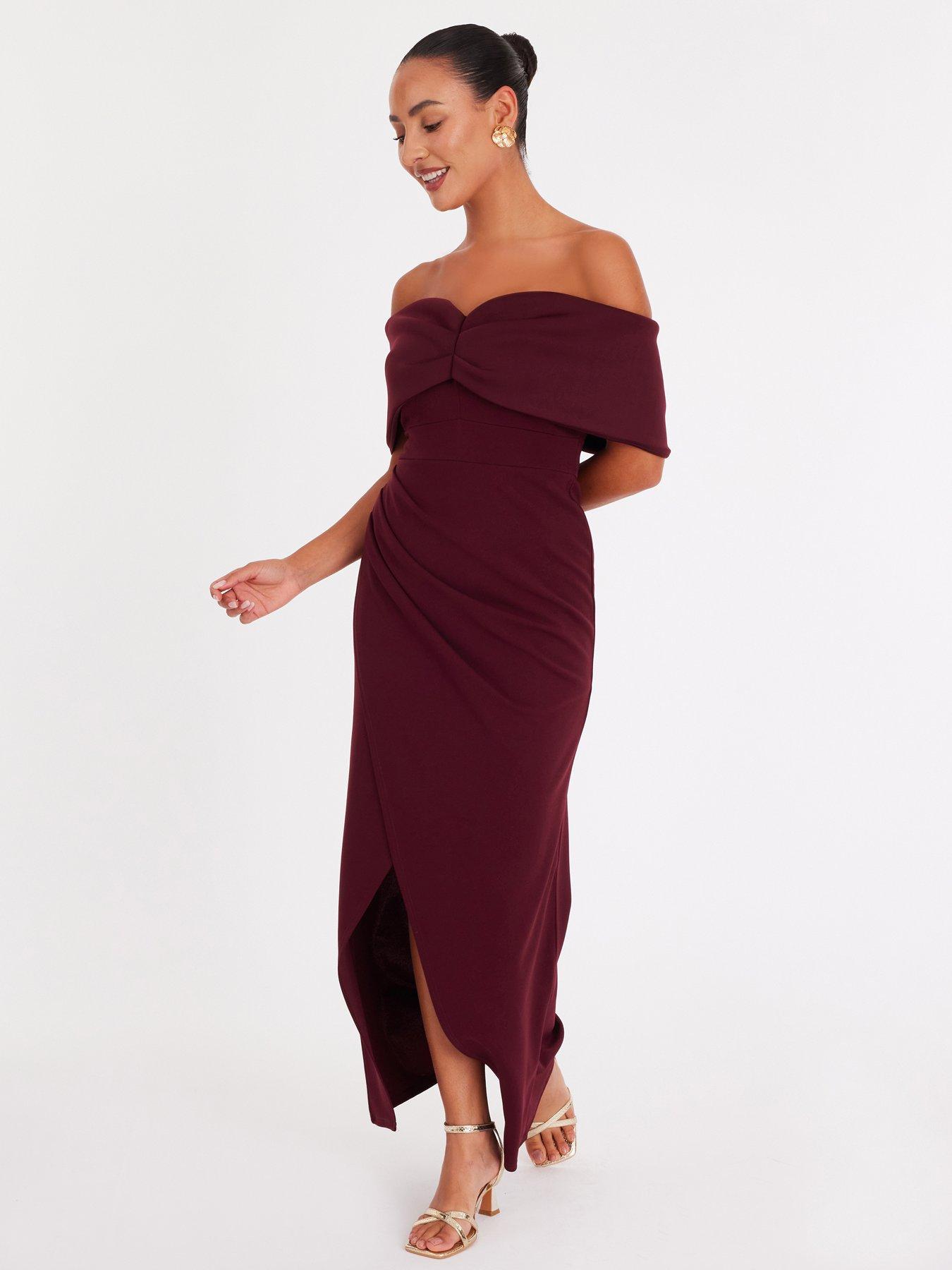 Image 2 of 6 of Quiz Petite Burgundy Bardot Wrap Maxi Dress