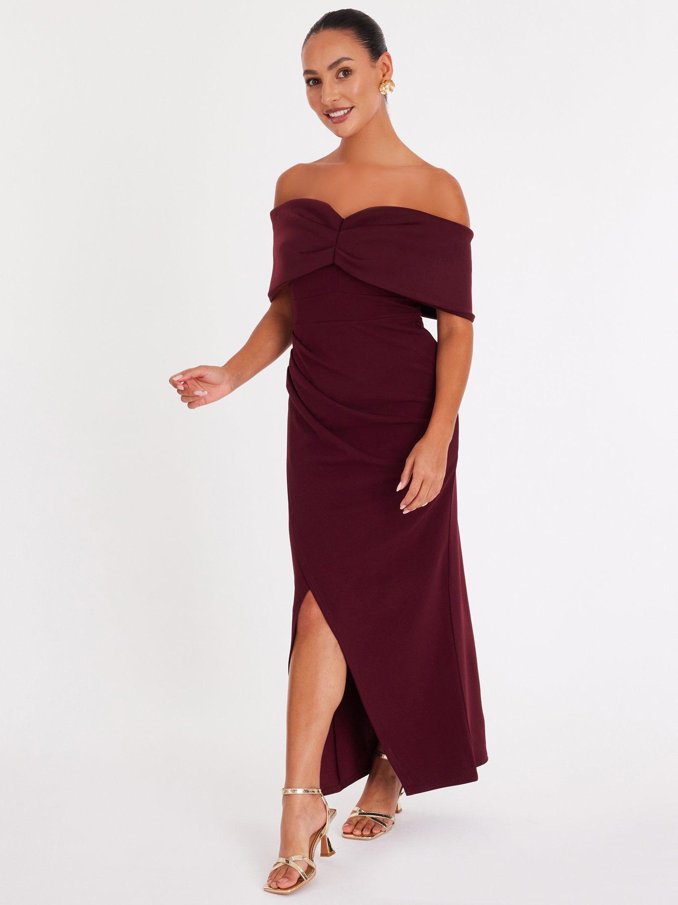 Image 3 of 6 of Quiz Petite Burgundy Bardot Wrap Maxi Dress