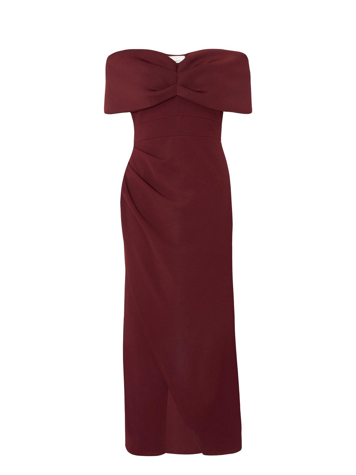 Image 4 of 6 of Quiz Petite Burgundy Bardot Wrap Maxi Dress