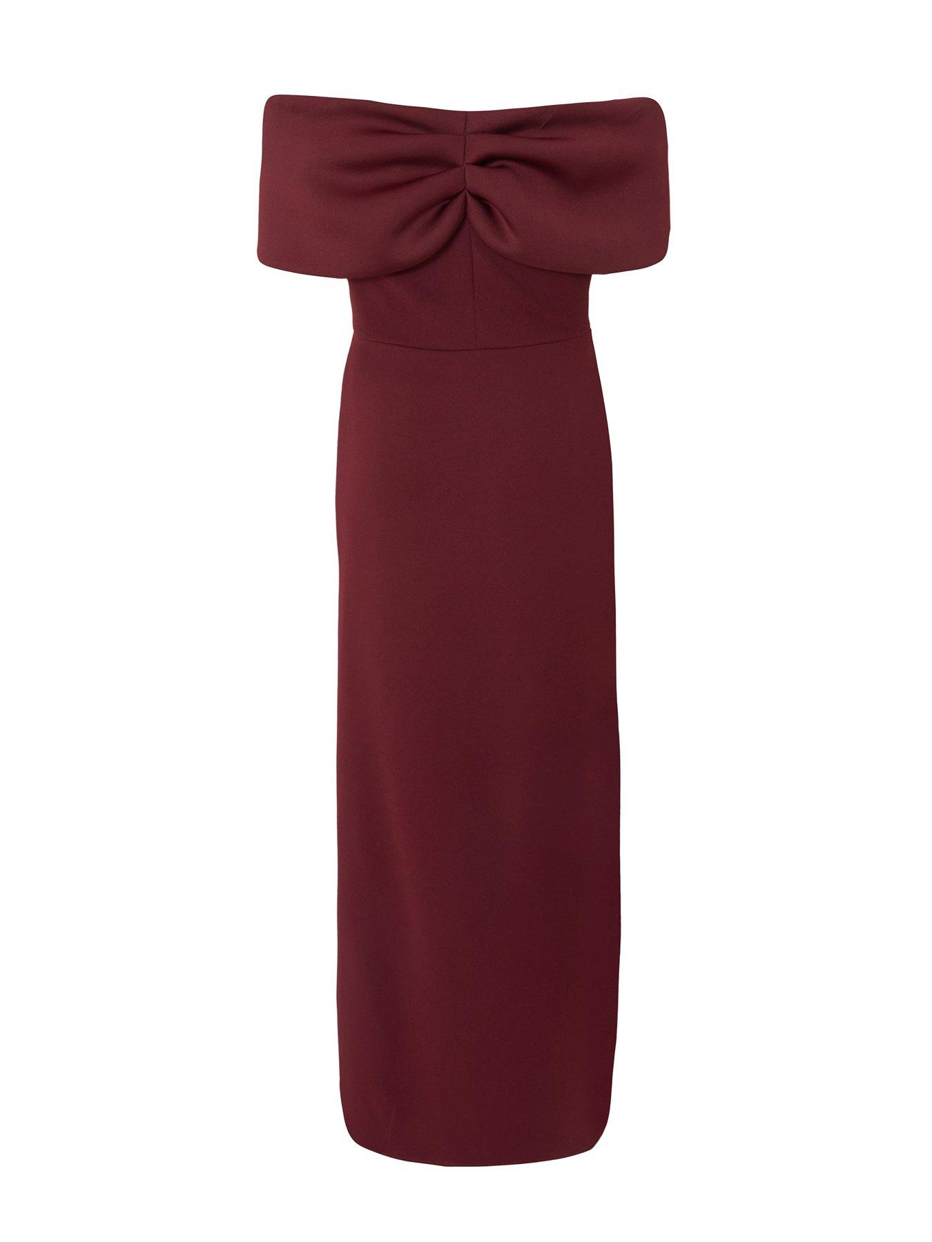 Image 5 of 6 of Quiz Petite Burgundy Bardot Wrap Maxi Dress