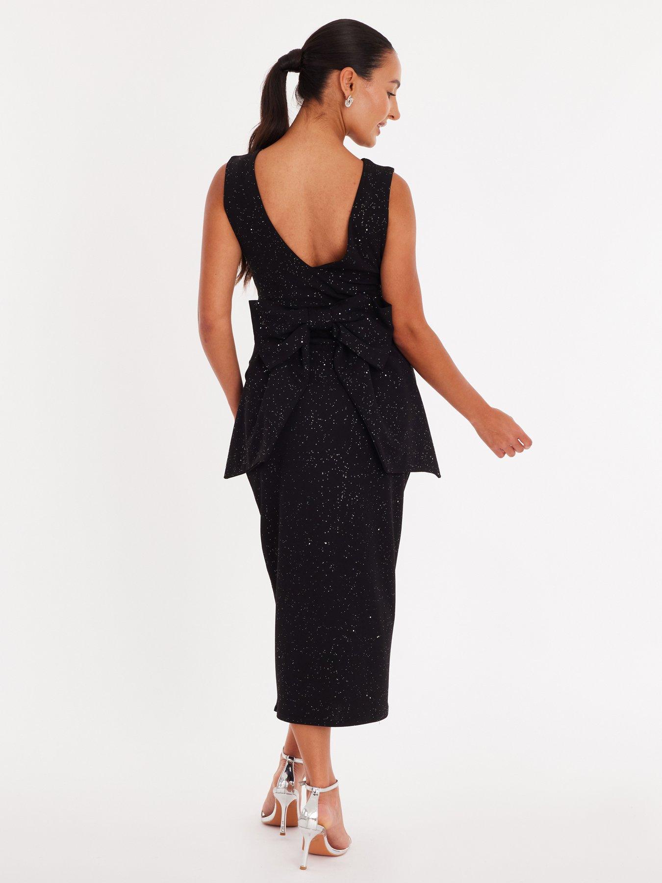 Image 2 of 6 of Quiz Petite Black Glitter Bow Midaxi Dress