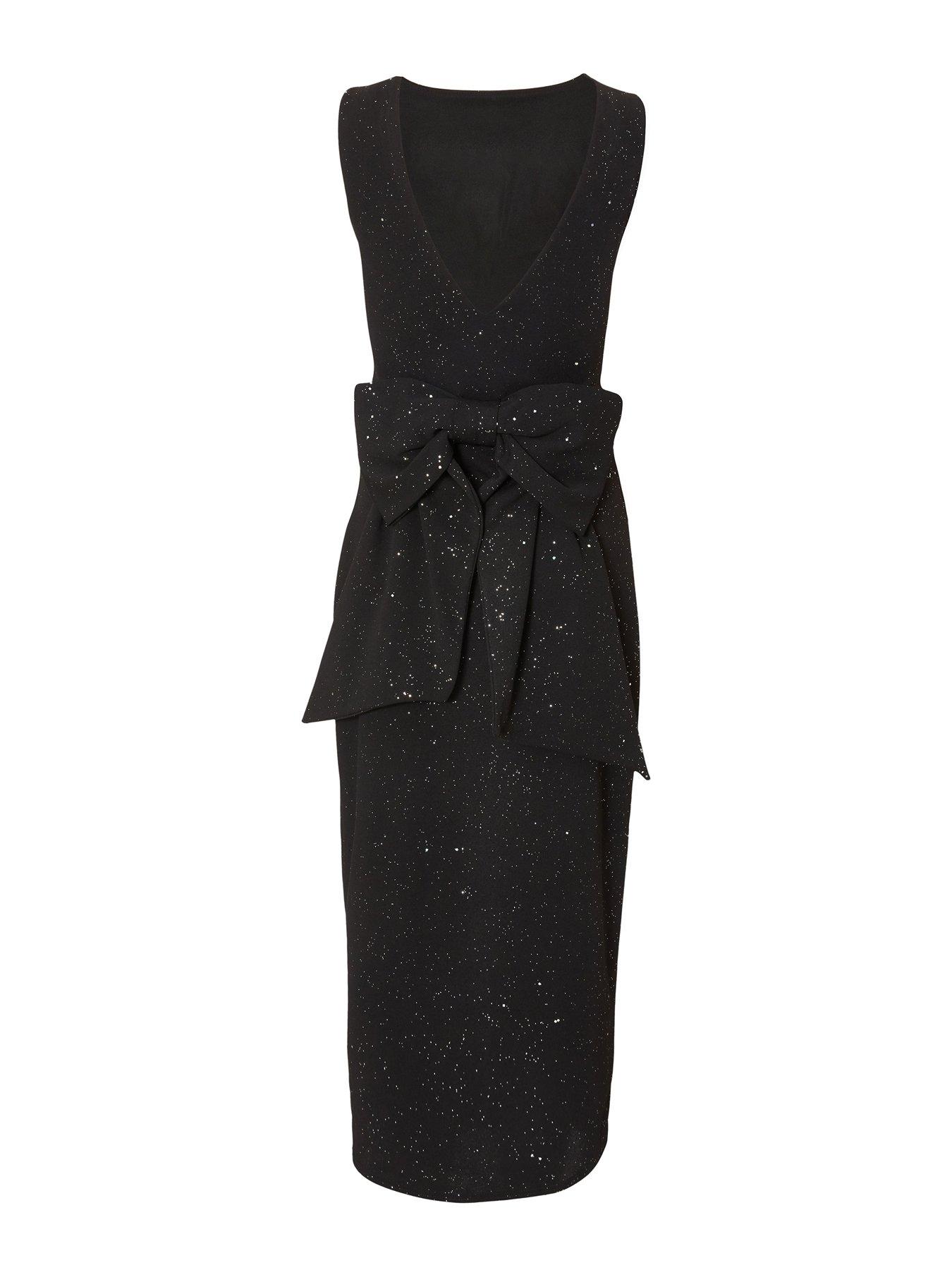 Image 5 of 6 of Quiz Petite Black Glitter Bow Midaxi Dress