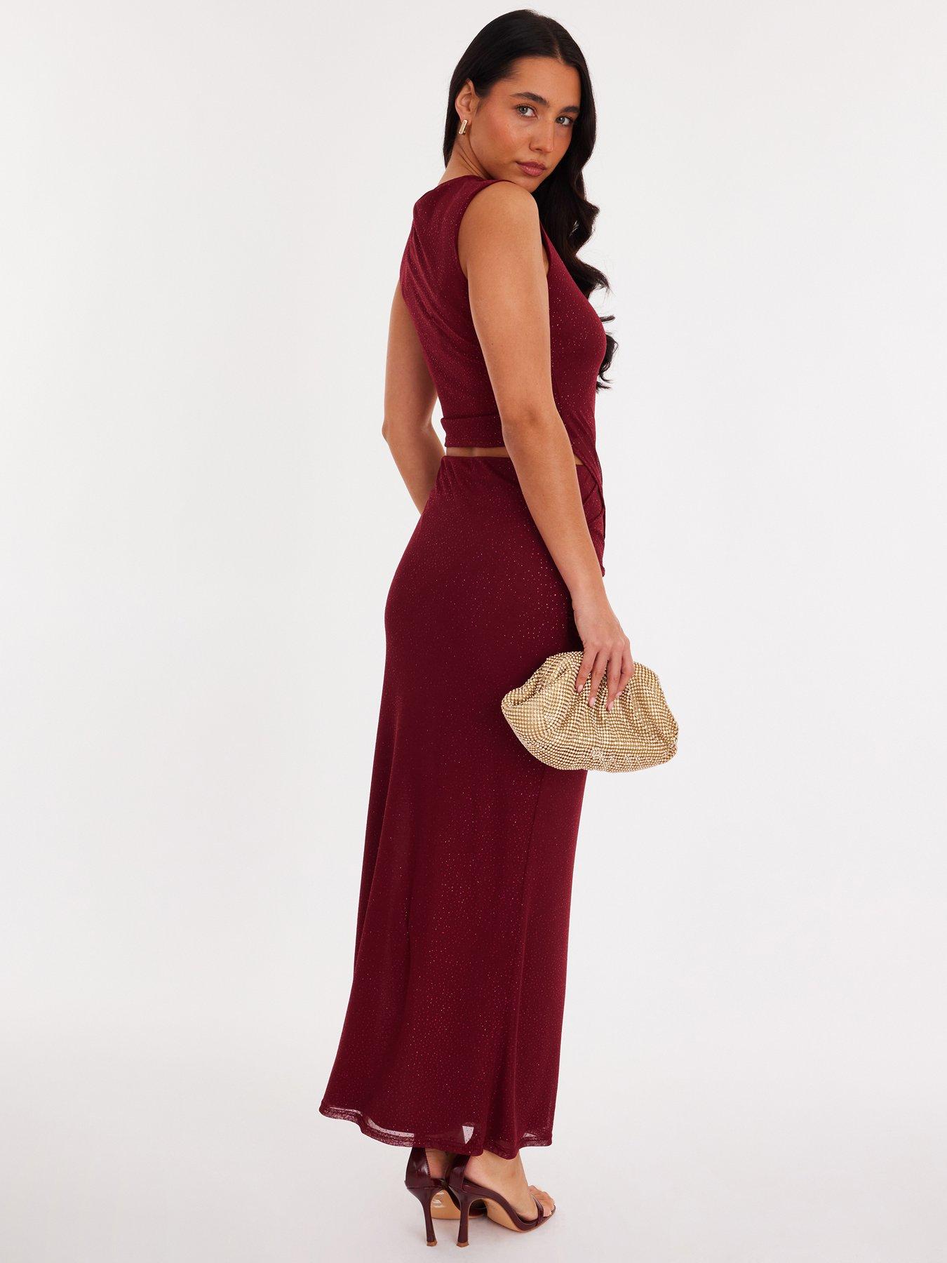 Image 2 of 6 of Quiz Burgundy Glitter Asymmetric Mesh Top