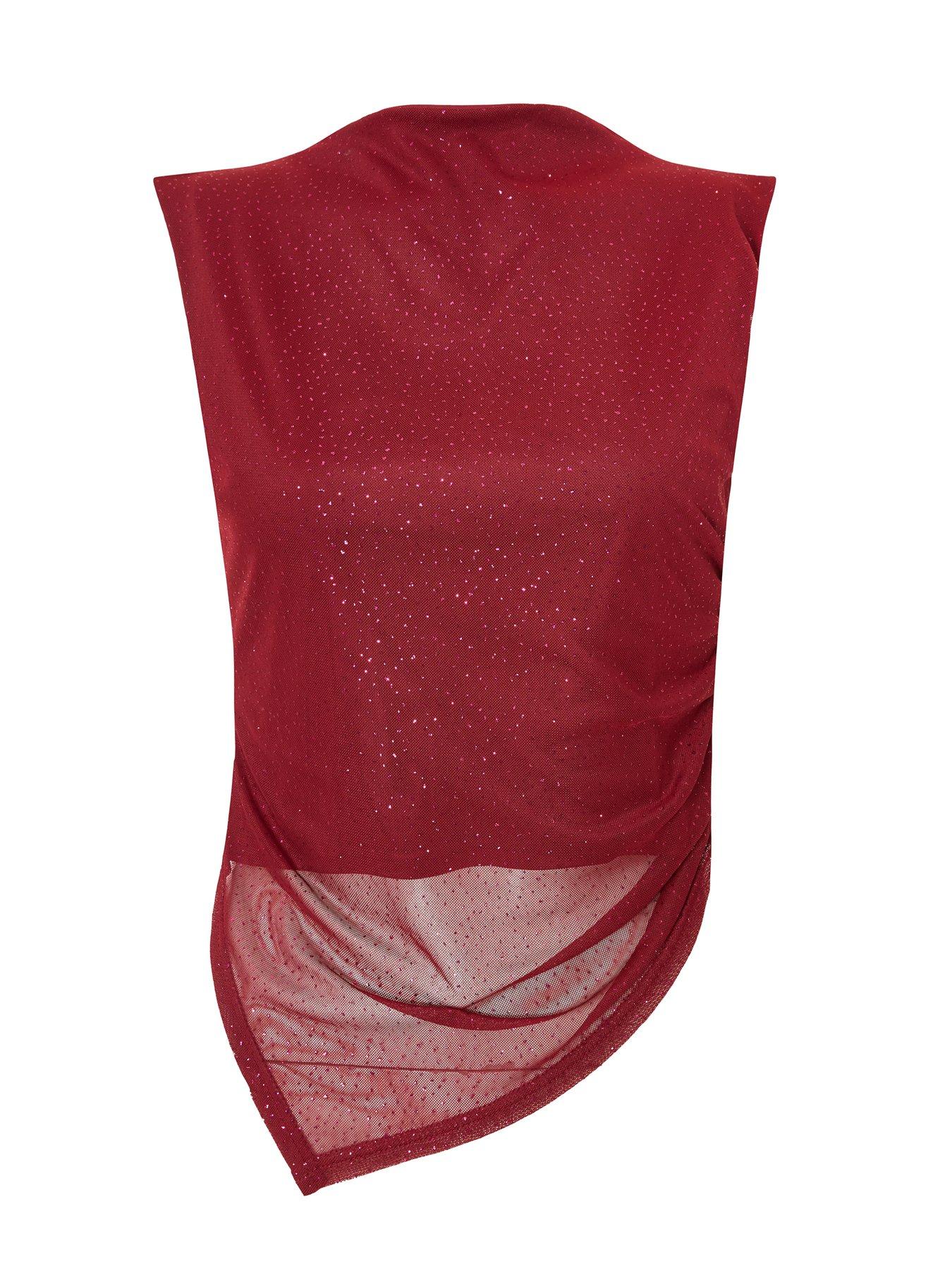 Image 4 of 6 of Quiz Burgundy Glitter Asymmetric Mesh Top