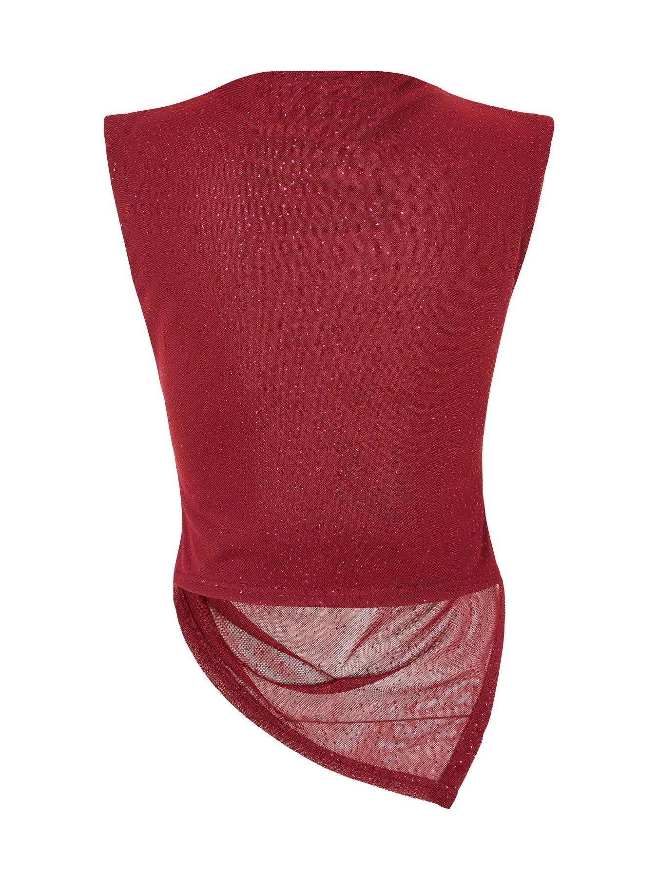 Image 5 of 6 of Quiz Burgundy Glitter Asymmetric Mesh Top