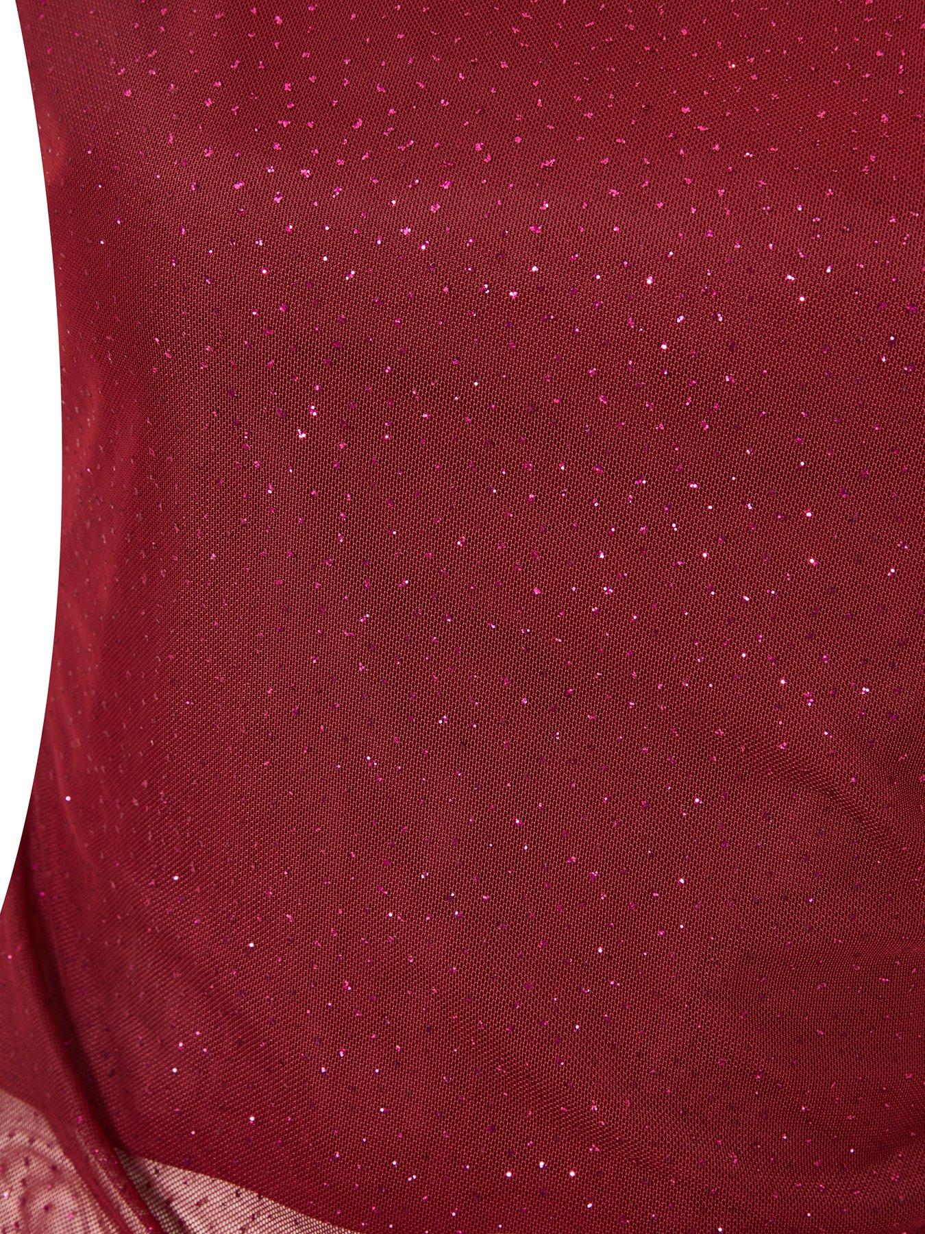 Image 6 of 6 of Quiz Burgundy Glitter Asymmetric Mesh Top
