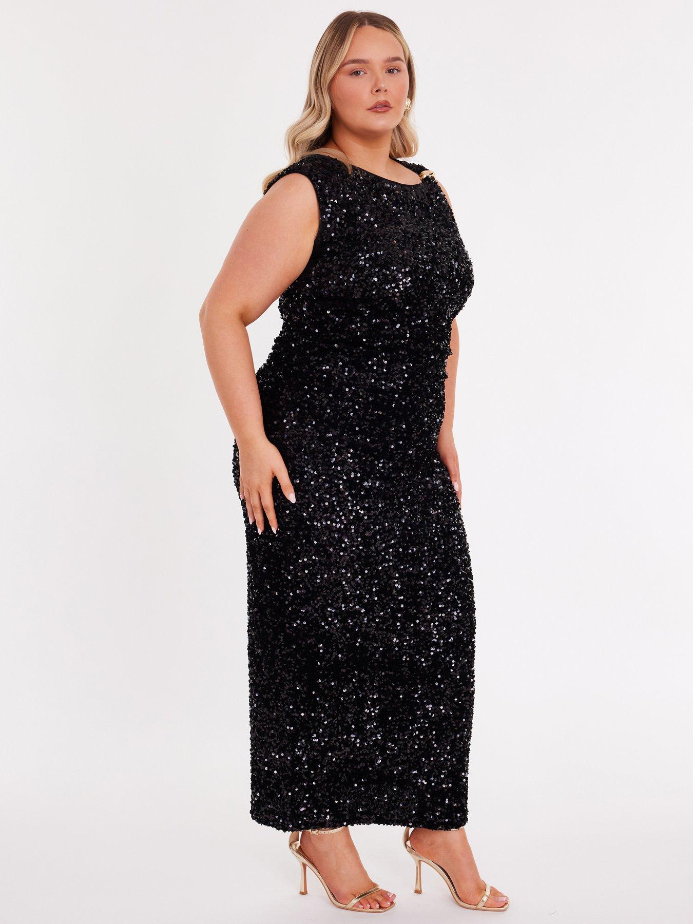 Image 3 of 6 of Quiz Curve Black Sequin Buckle Detail Midaxi Dress