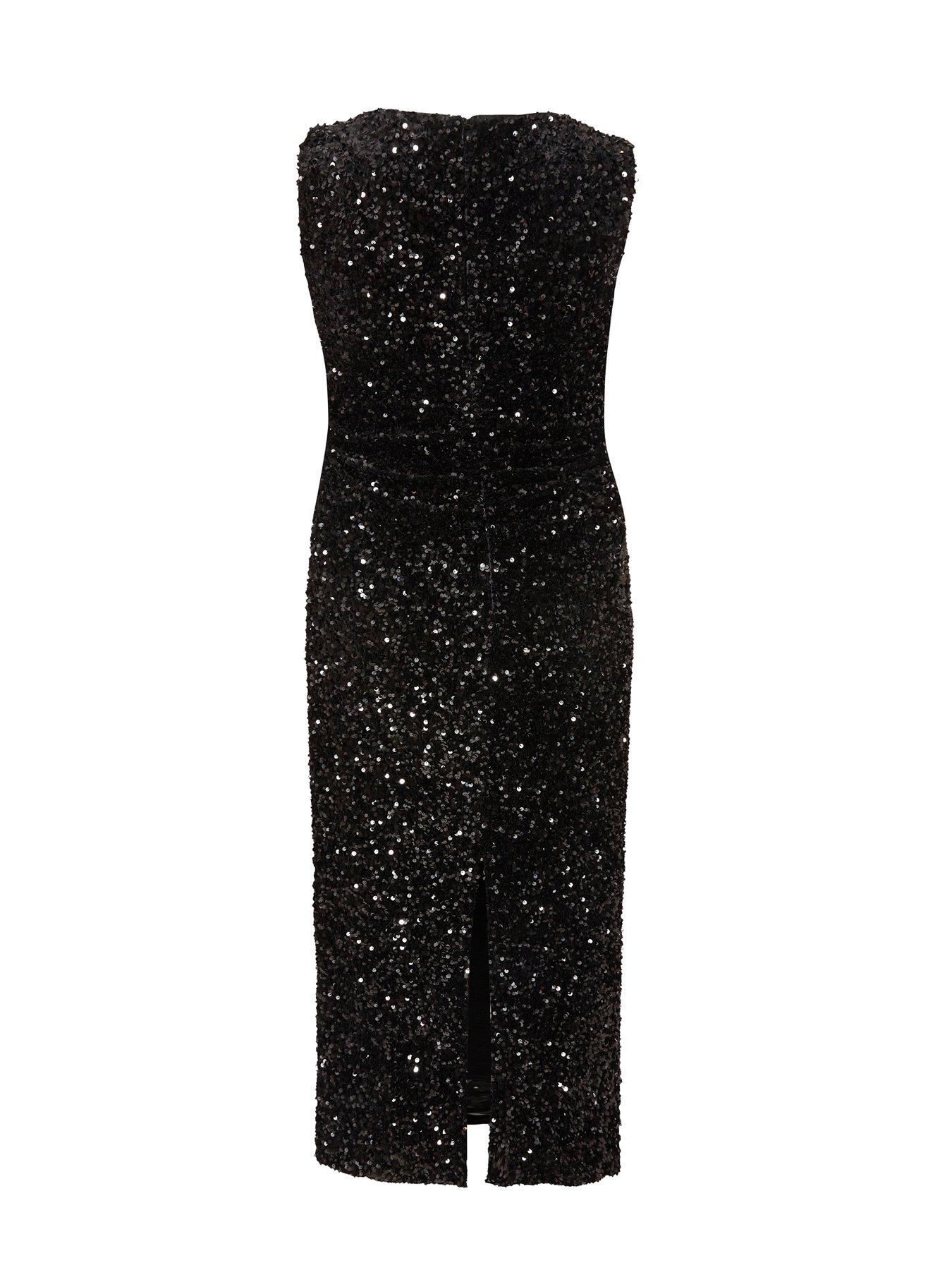 Image 5 of 6 of Quiz Curve Black Sequin Buckle Detail Midaxi Dress