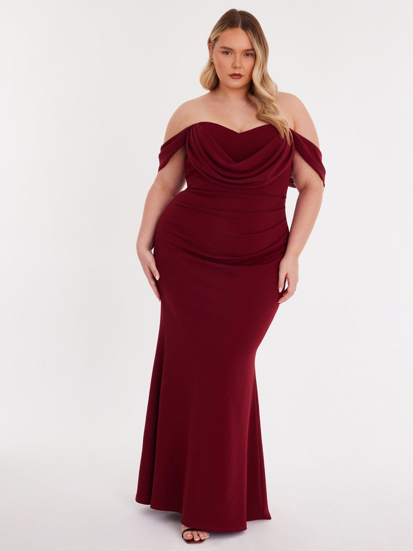 Image 1 of 6 of Quiz Curve Burgundy Chiffon Bardot Maxi Dress