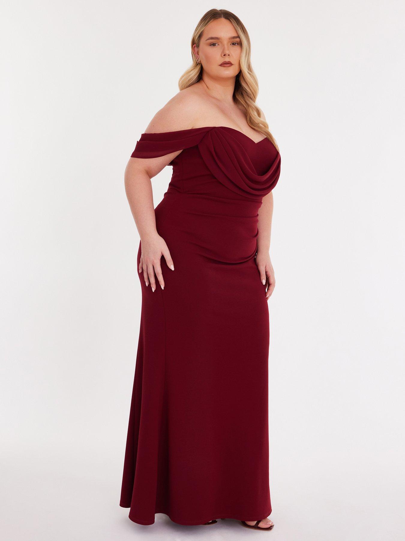 Image 3 of 6 of Quiz Curve Burgundy Chiffon Bardot Maxi Dress