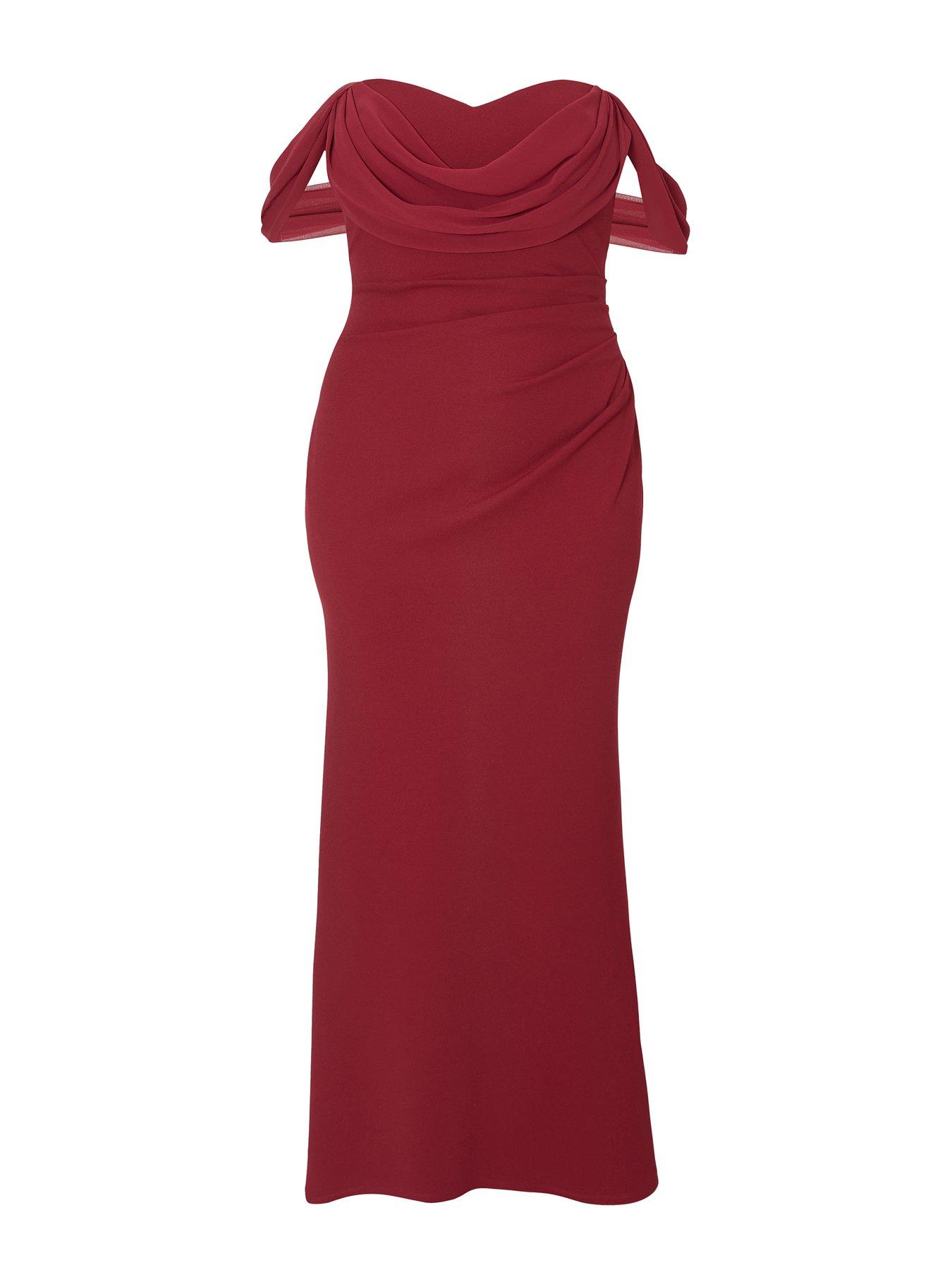 Image 4 of 6 of Quiz Curve Burgundy Chiffon Bardot Maxi Dress