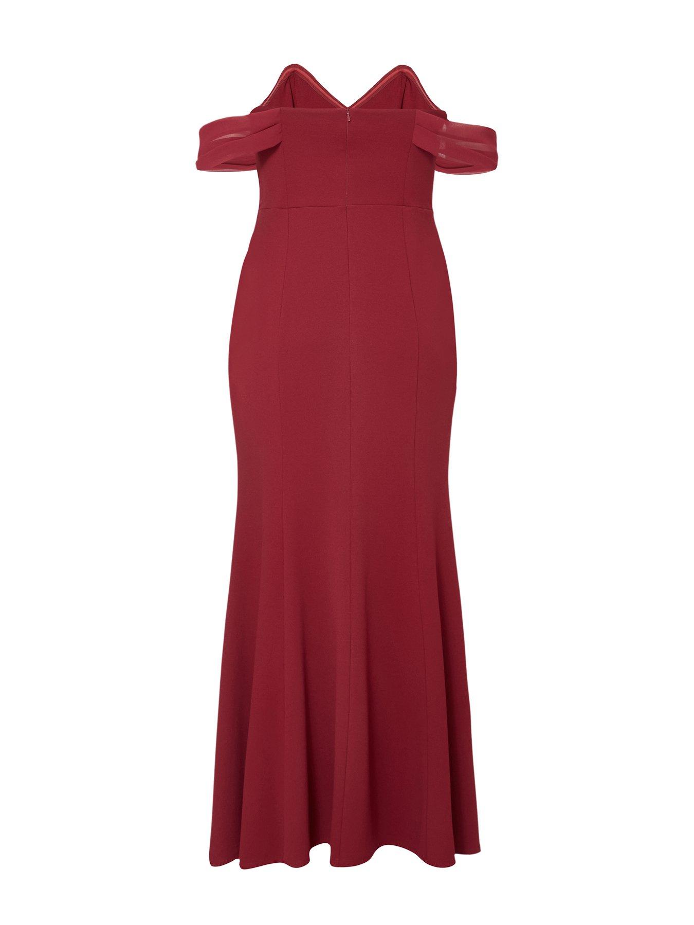 Image 5 of 6 of Quiz Curve Burgundy Chiffon Bardot Maxi Dress