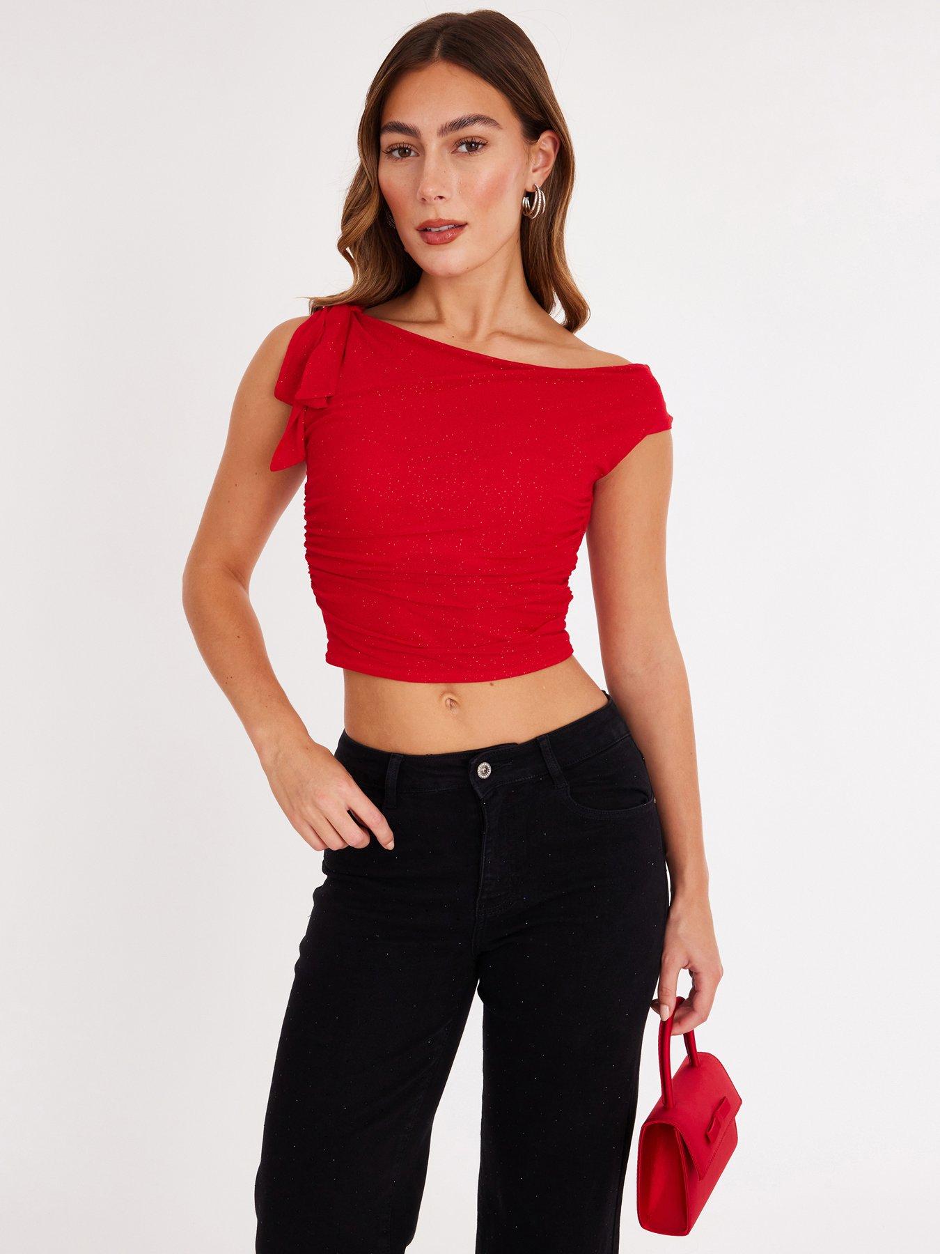 Image 1 of 6 of Quiz Red Mesh One Shoulder Top