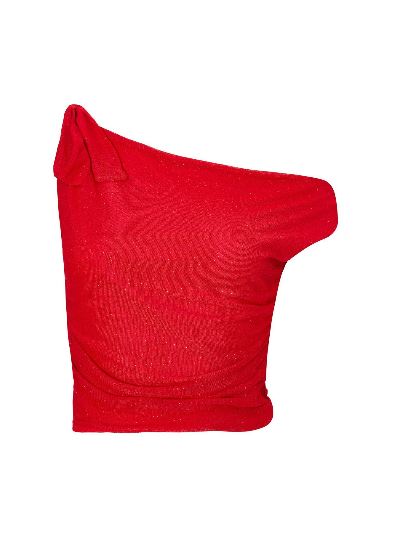 Image 4 of 6 of Quiz Red Mesh One Shoulder Top